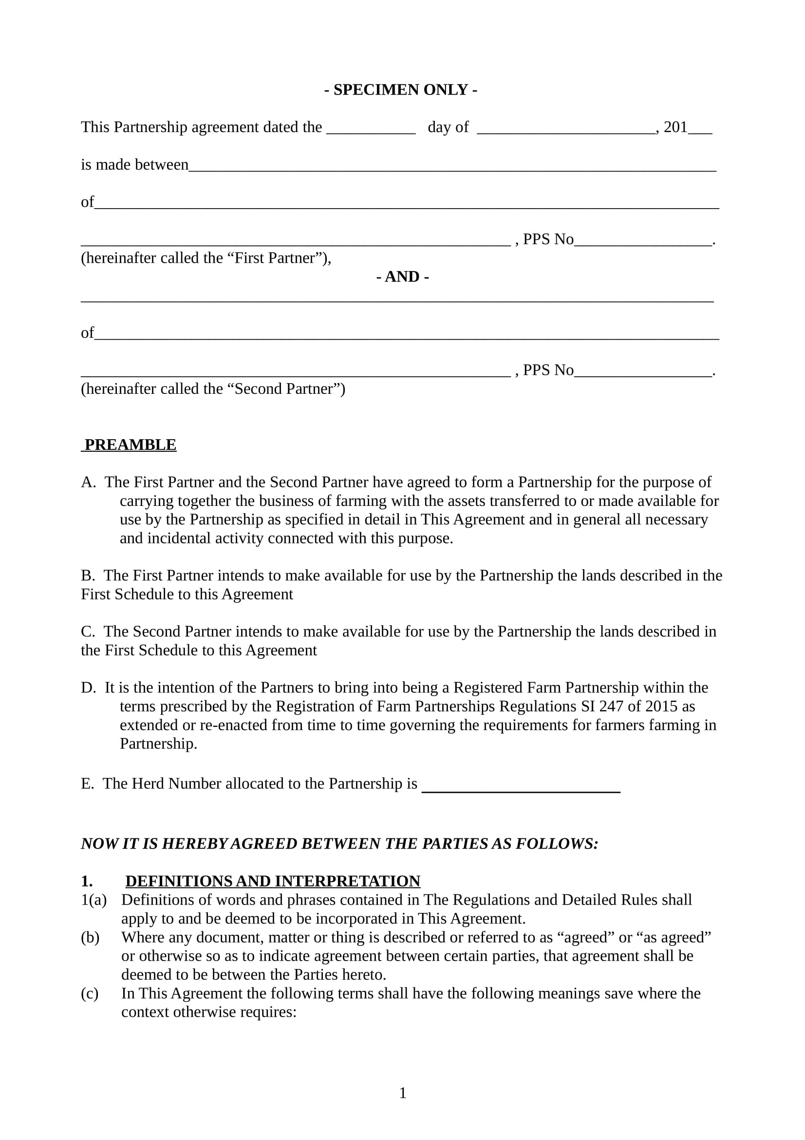 specimen farm partnership agreement contract form 02