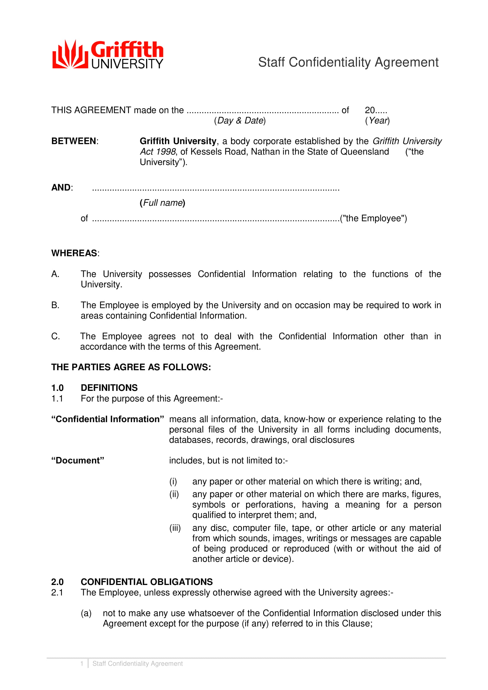 staff confidentiality agreement form 1