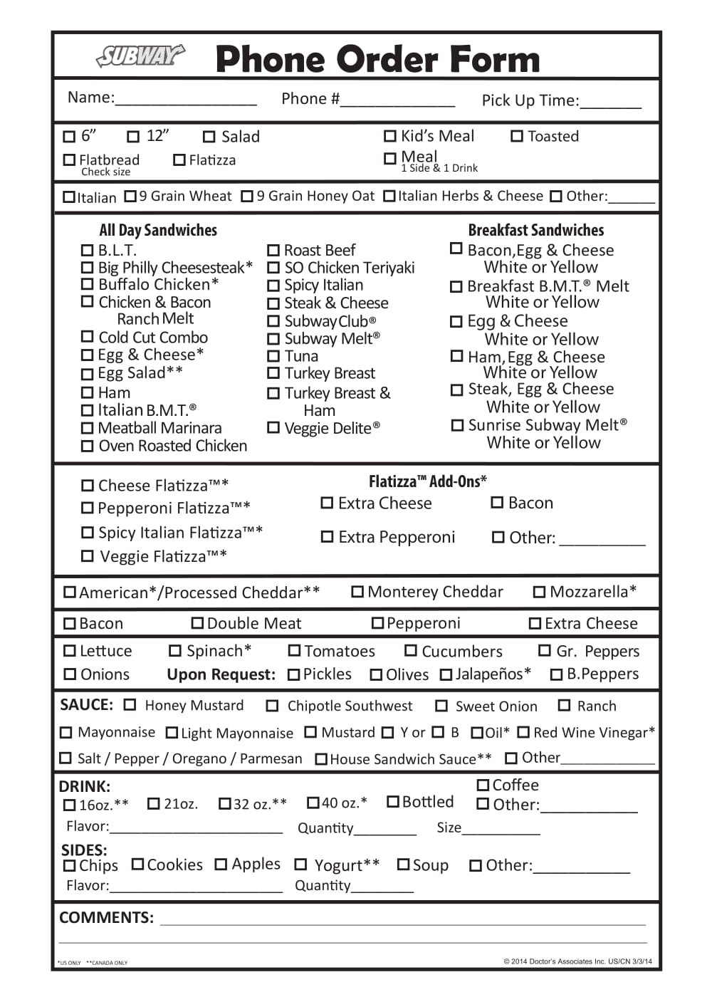 Subway Order Form Printable Printable Forms Free Online