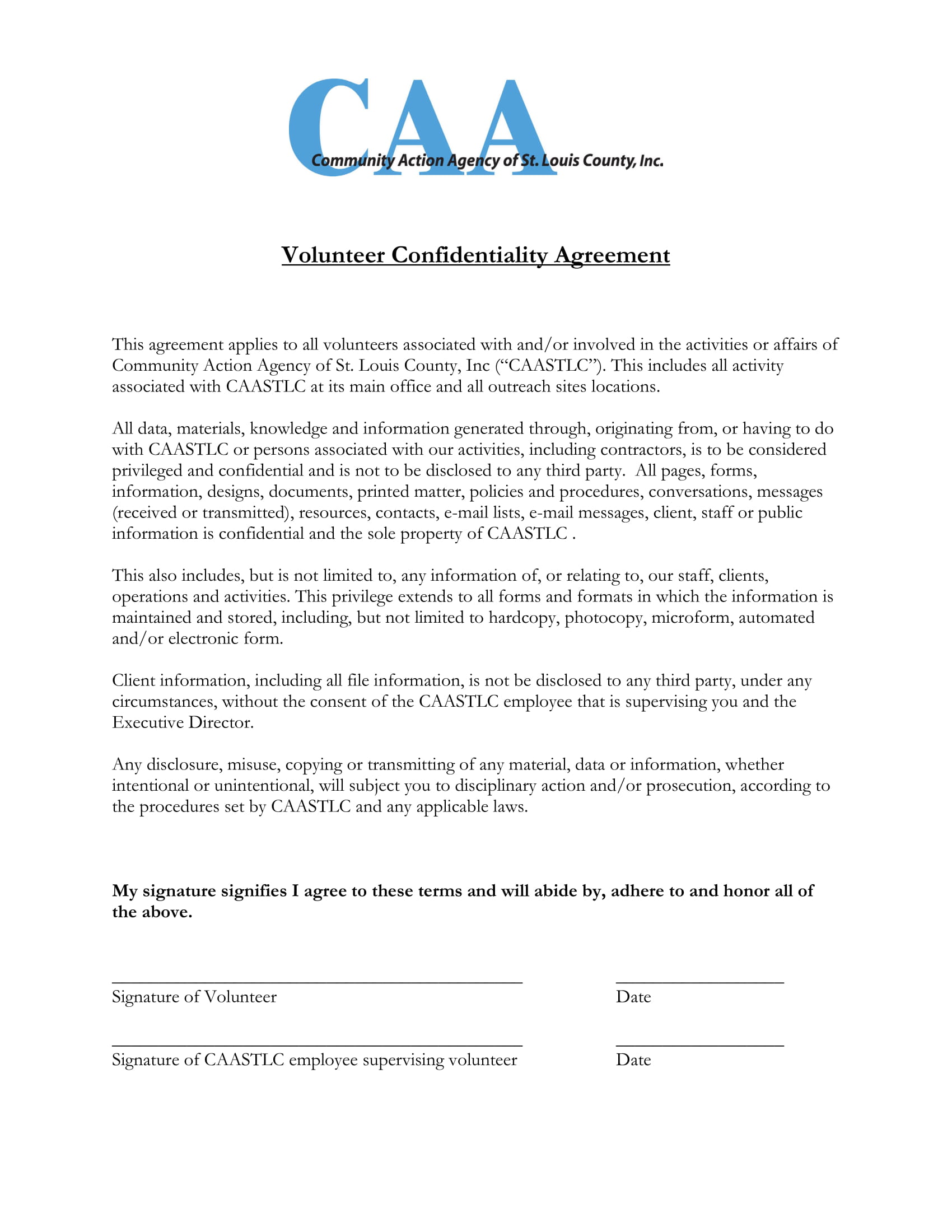 volunteer confidentiality agreement form 1