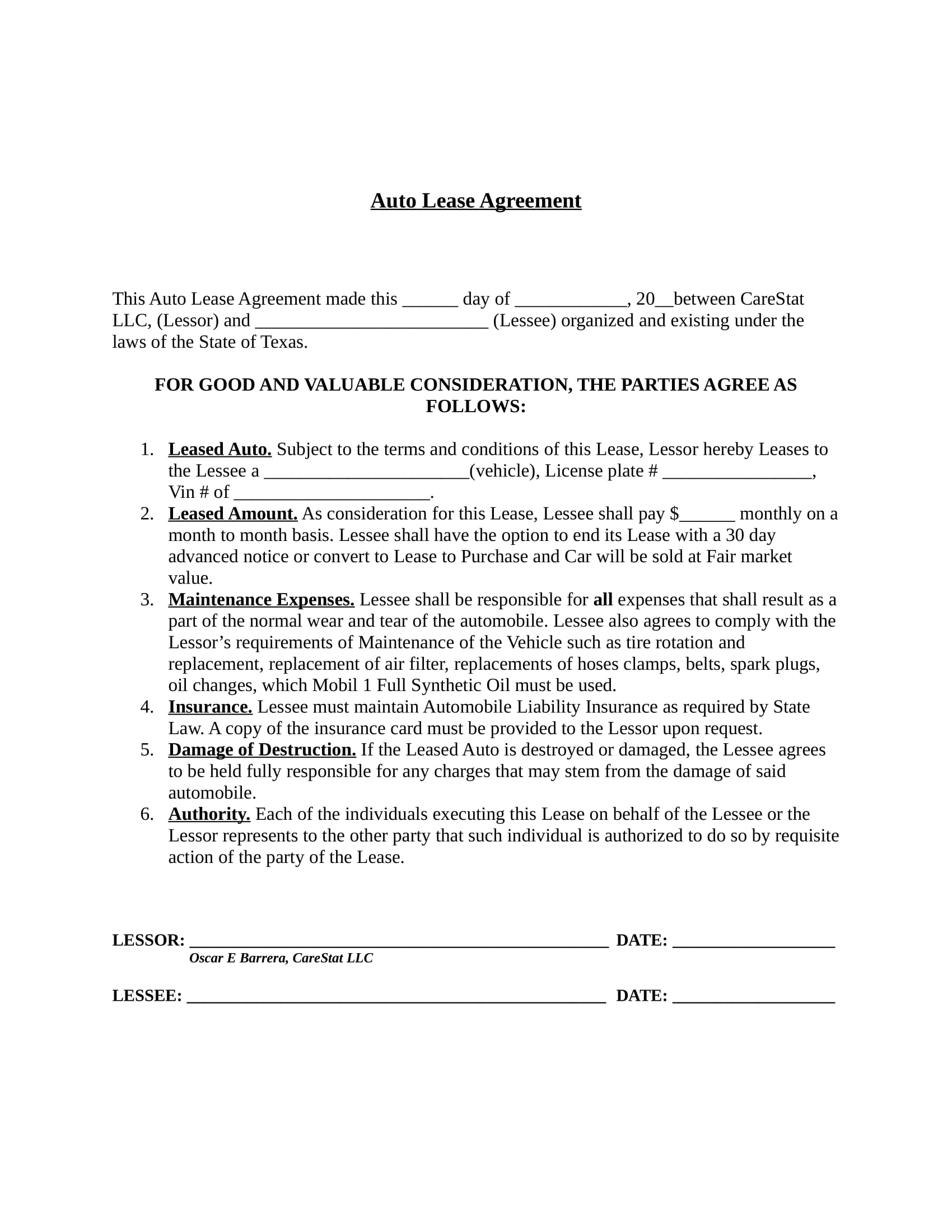 auto lease agreement contract form in doc 1