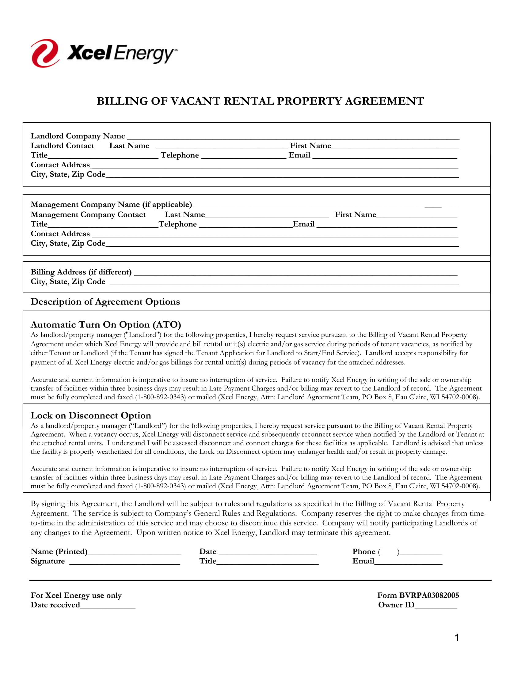 billing of vacant rental property agreement contract form 1