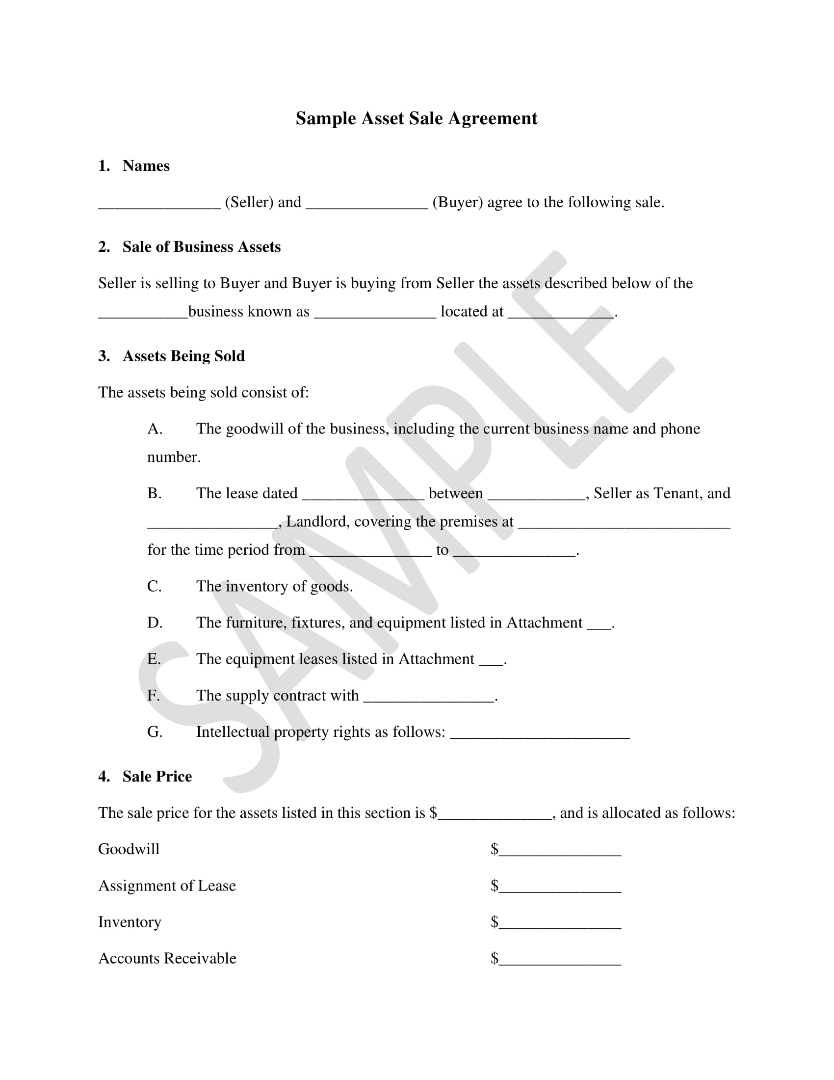 business asset sale agreement contract form 1
