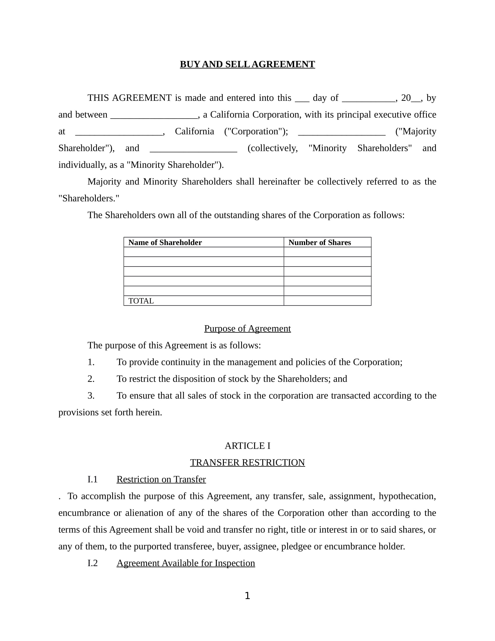 article 20 ucc sale Pertaining To minority shareholder agreement template