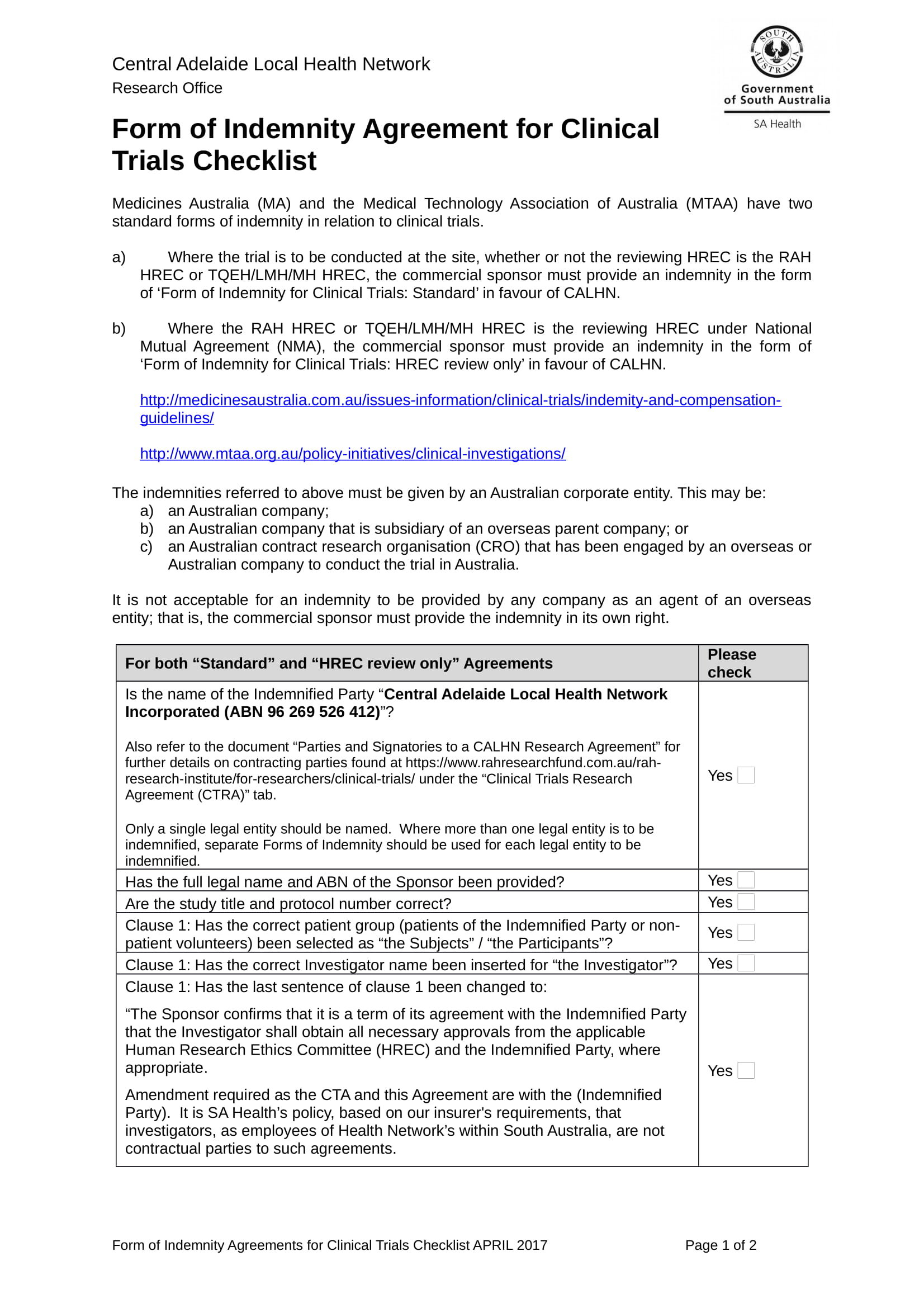 clinical trial indemnity agreement contract form 1