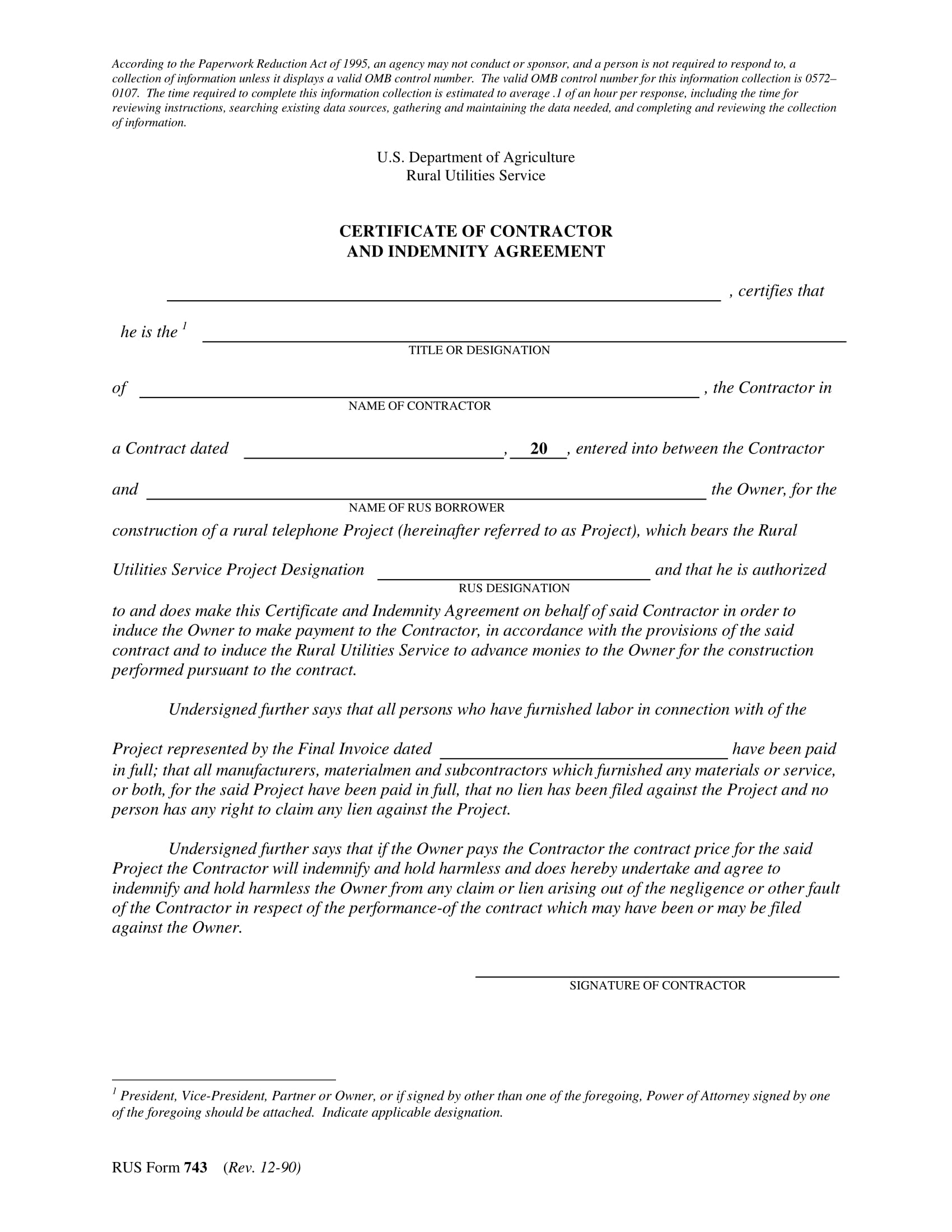 contractor certificate indemnity agreement contract form 1