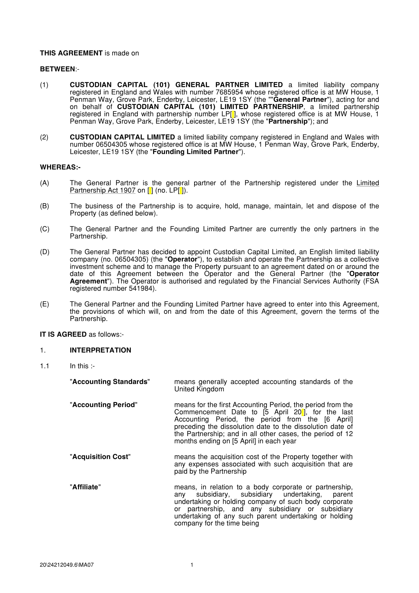 custodian limited partnership agreement contract form 03