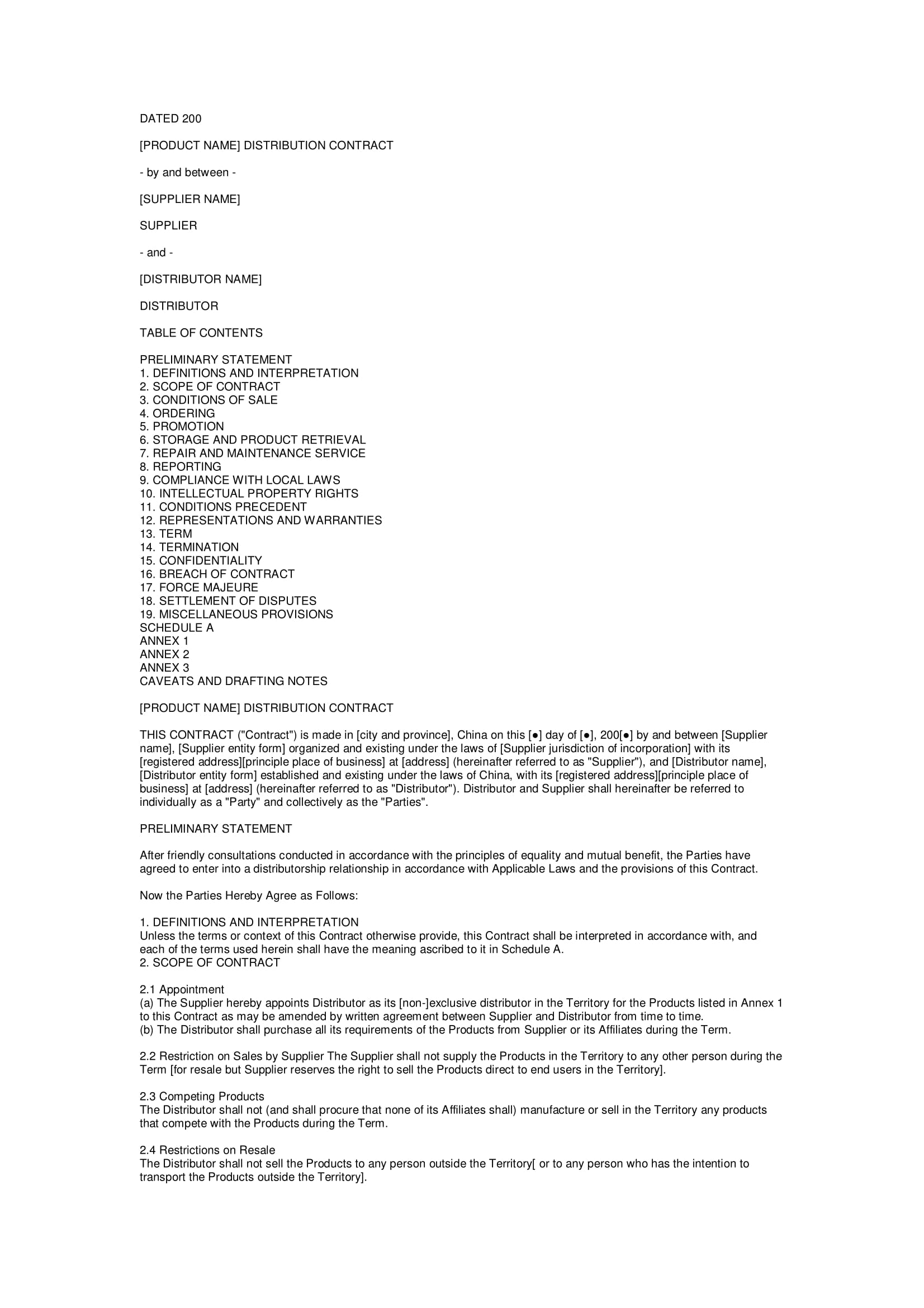 distribution contract form sample 1