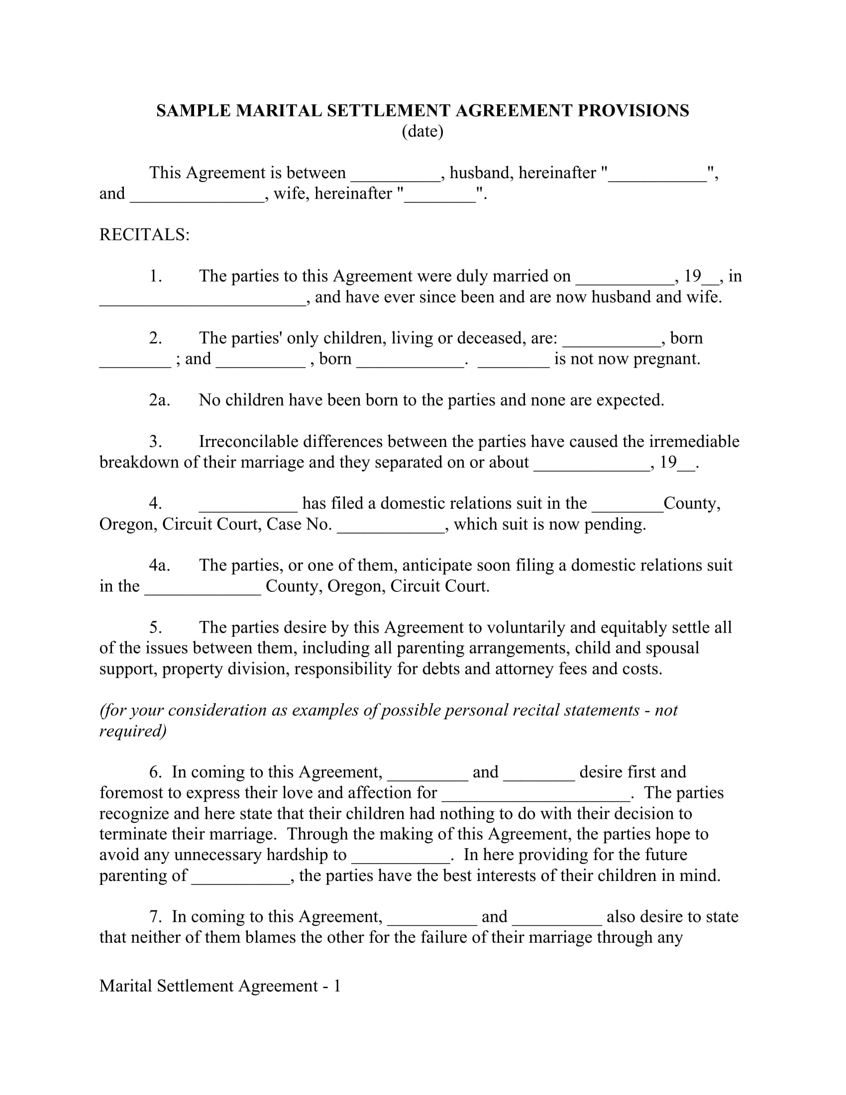 domestic marital settlement agreement contract form 01
