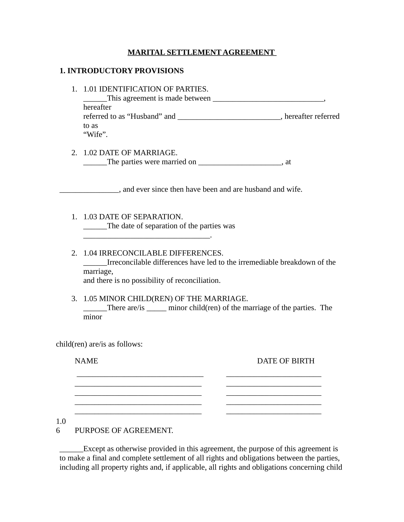 domestic marital settlement agreement contract in doc 01