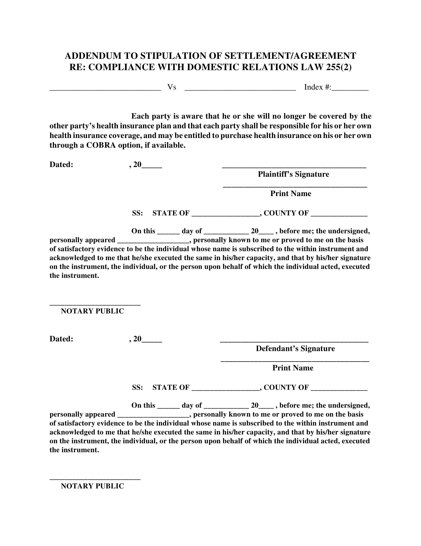 domestic settlement agreement contract addendum form 1