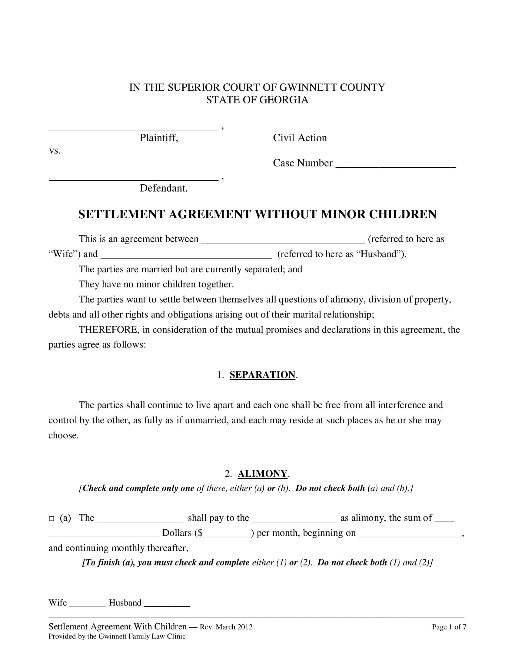 domestic settlement agreement without minor form 1