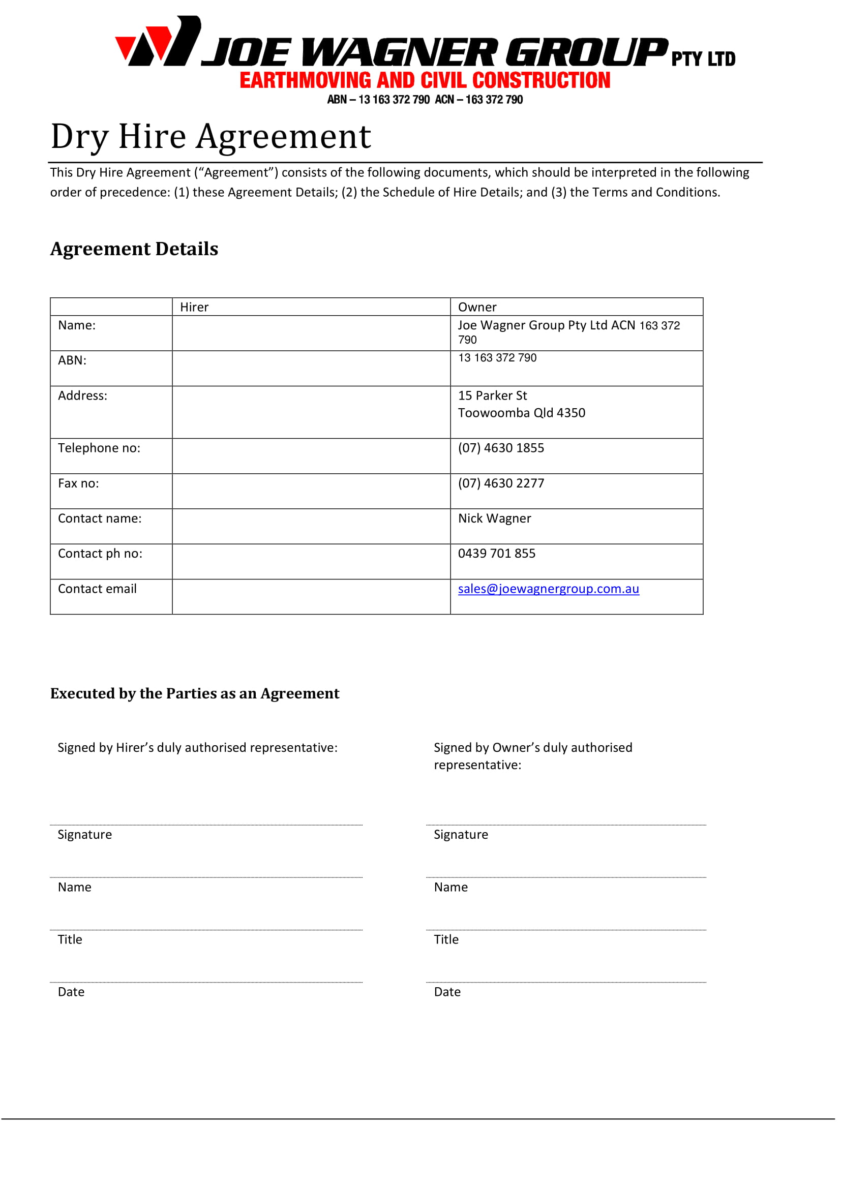 dry hire agreement contract form 1