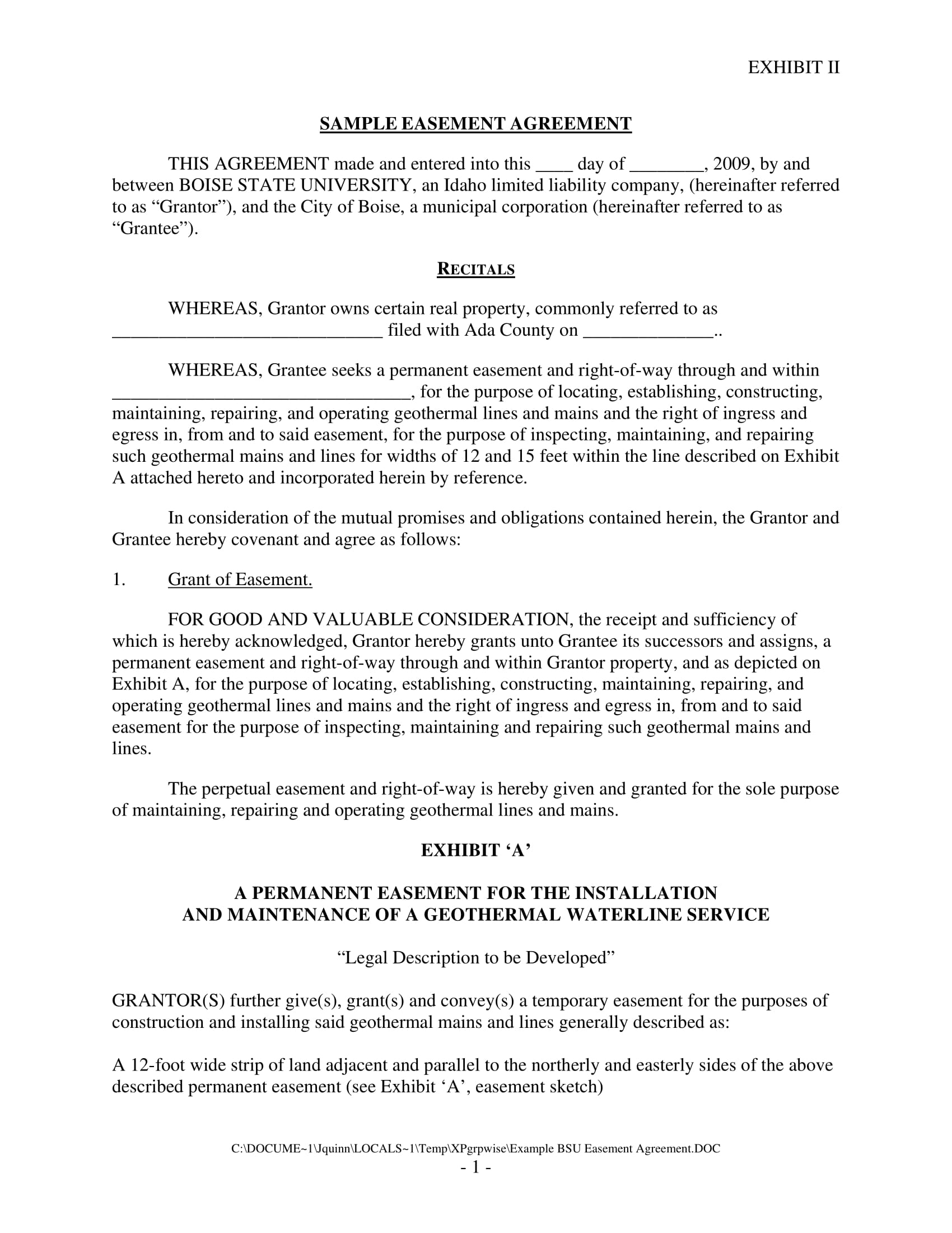 easement agreement contract form sample 1