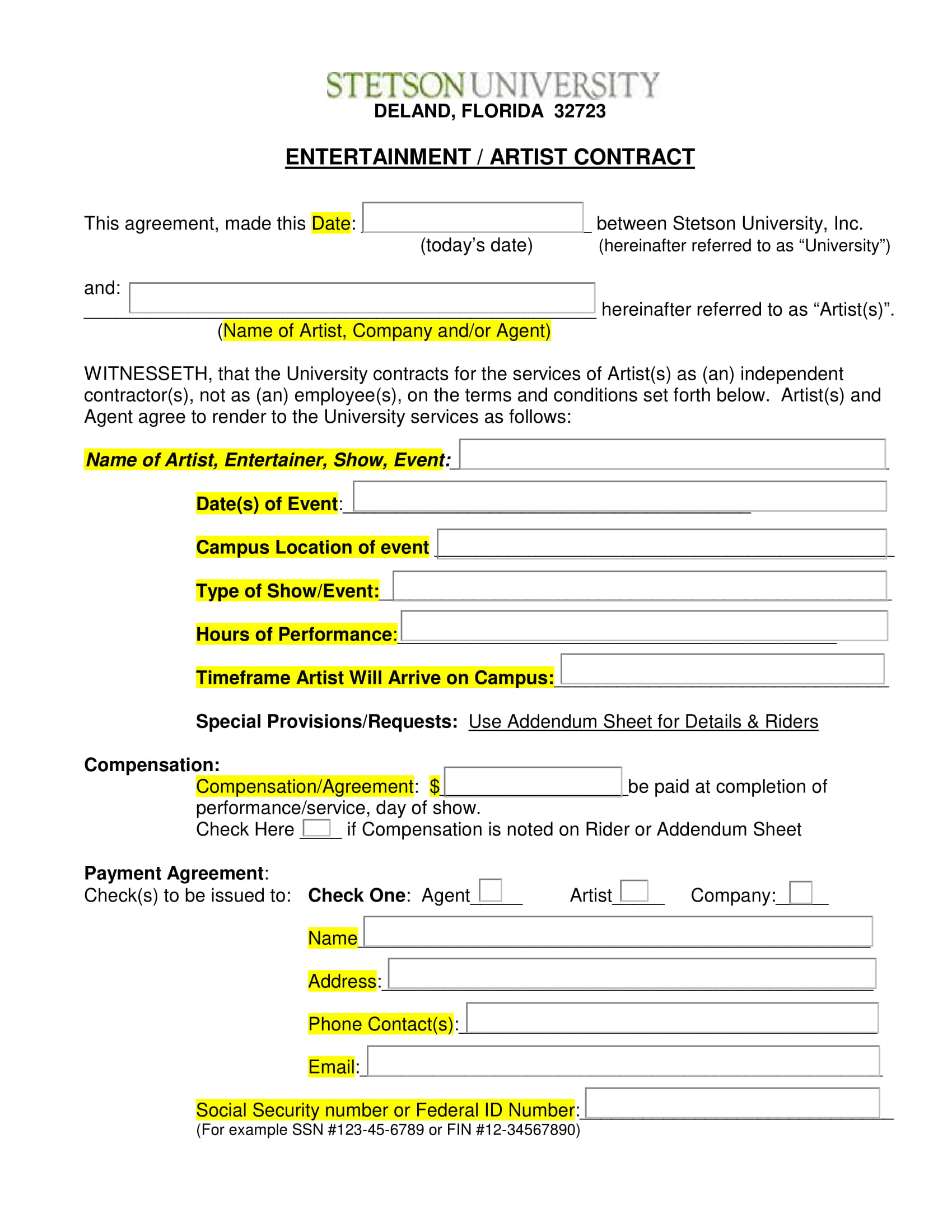 Entertainment Contract Template Free Printable Templates