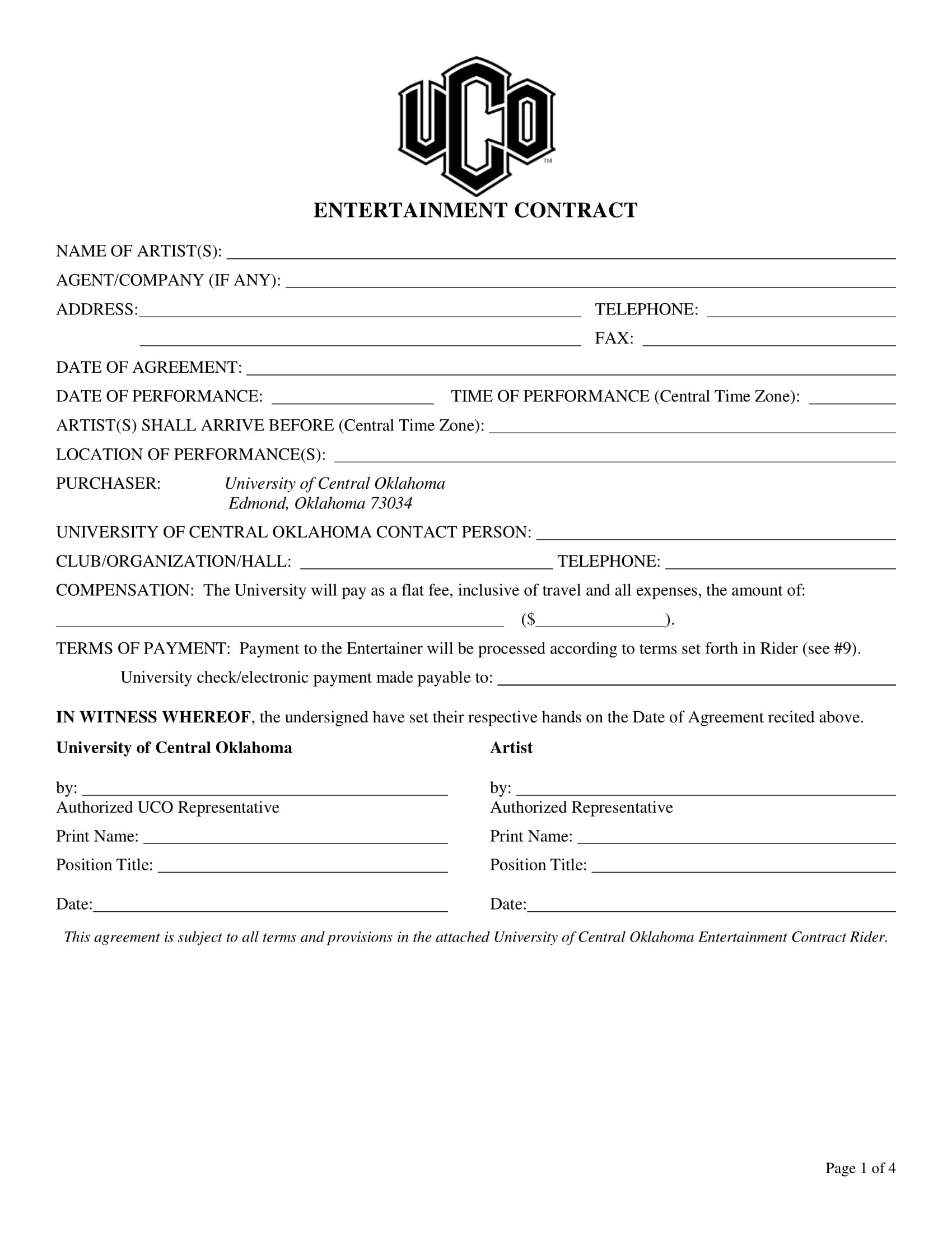 Entertainment Contract Template Free Printable Templates