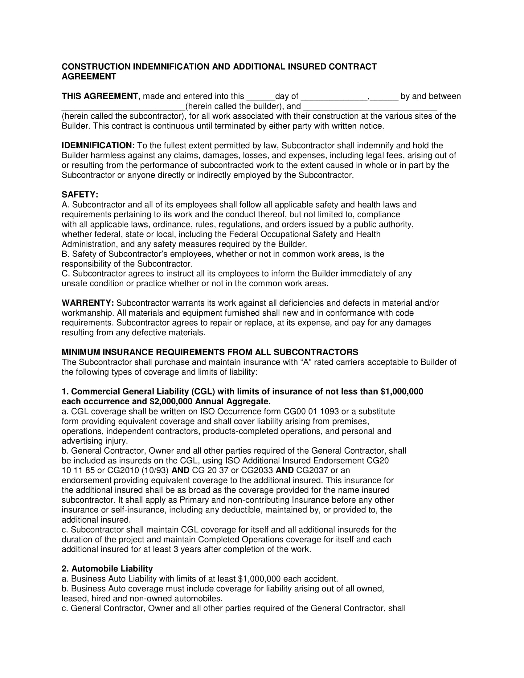 general contractor indemnity agreement contract form 1