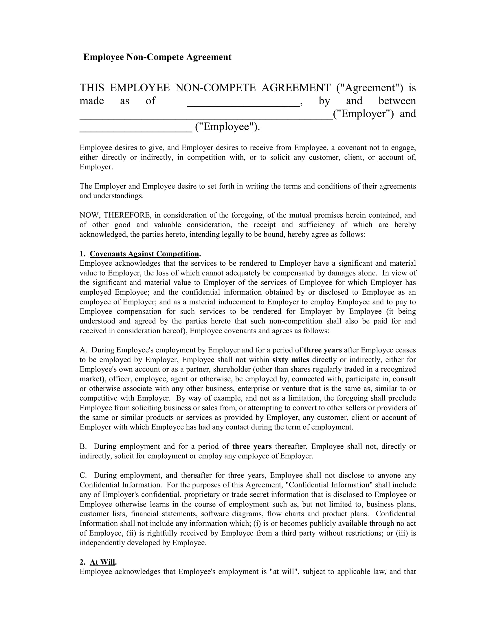 general employe non compete agreement contract form 1