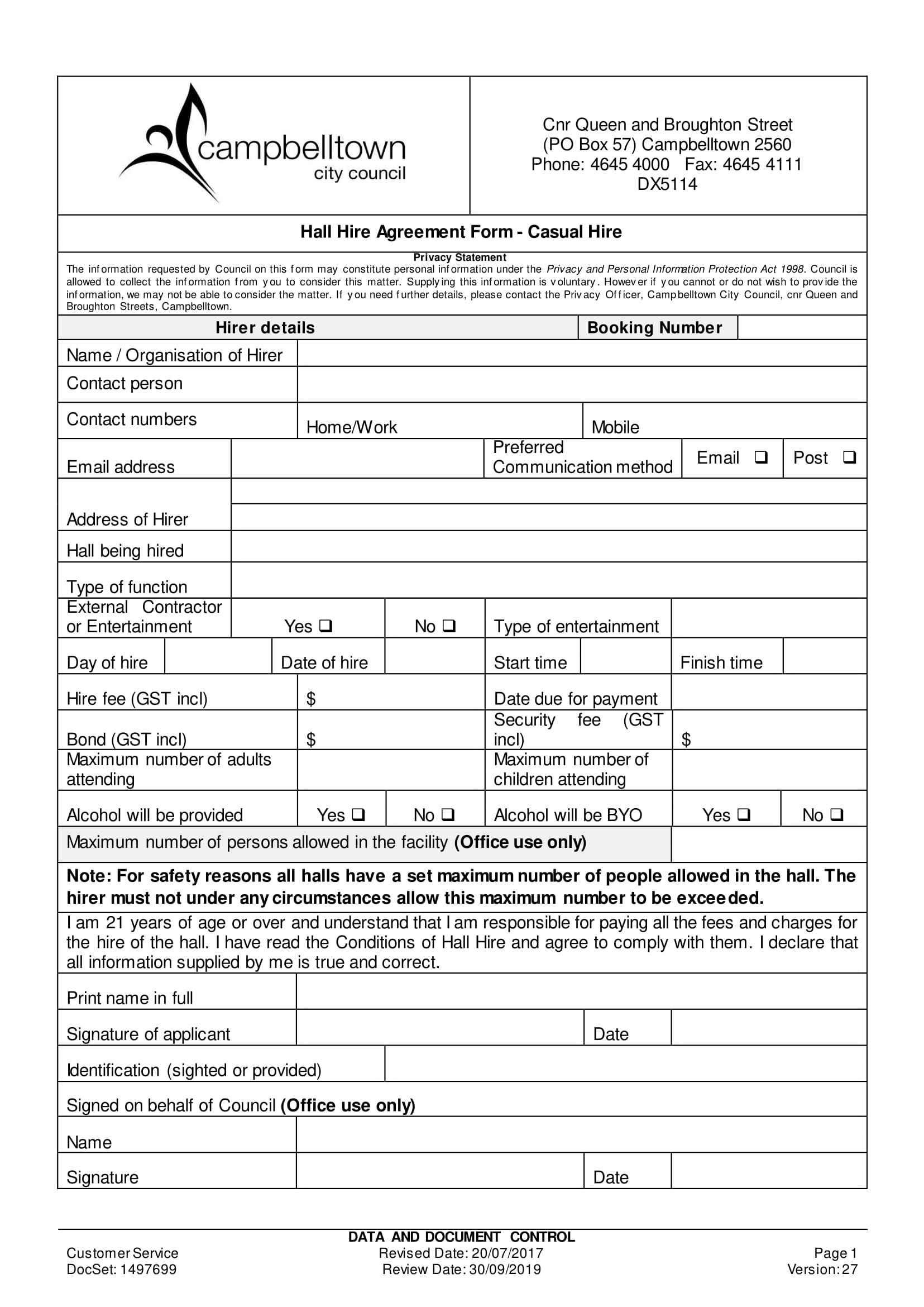 hall hire agreement contract form 1