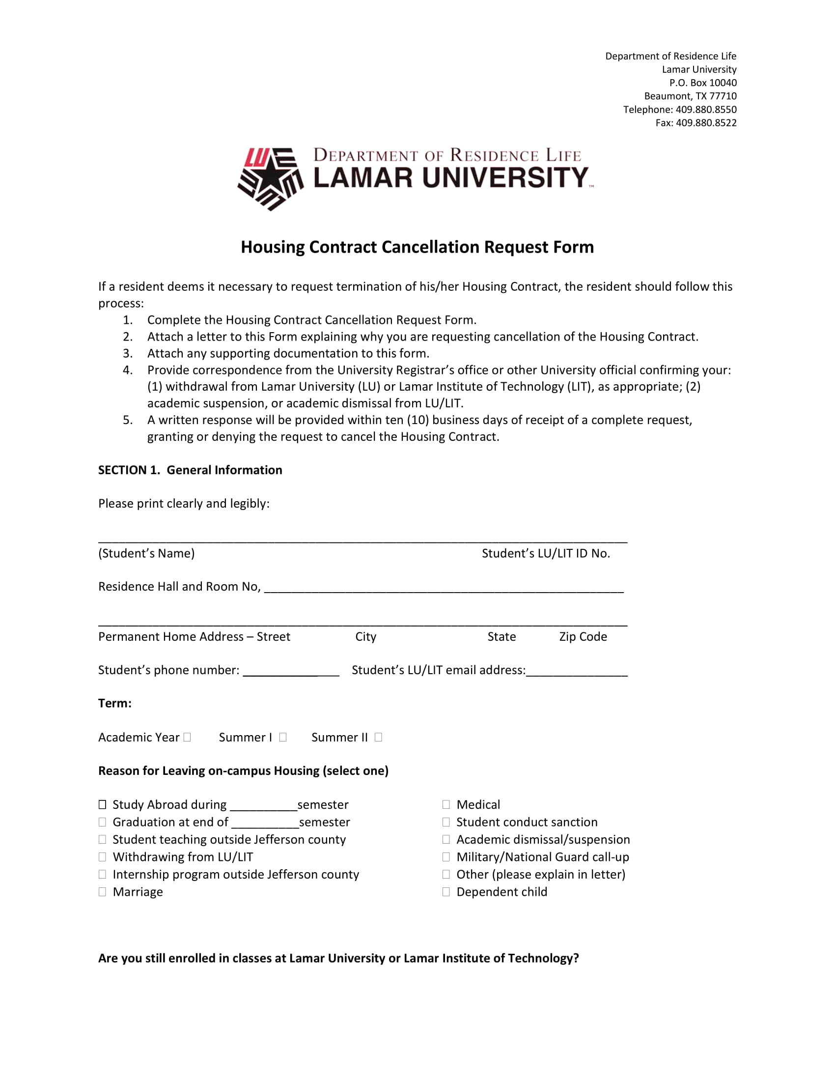 housing contract cancellation request form 1