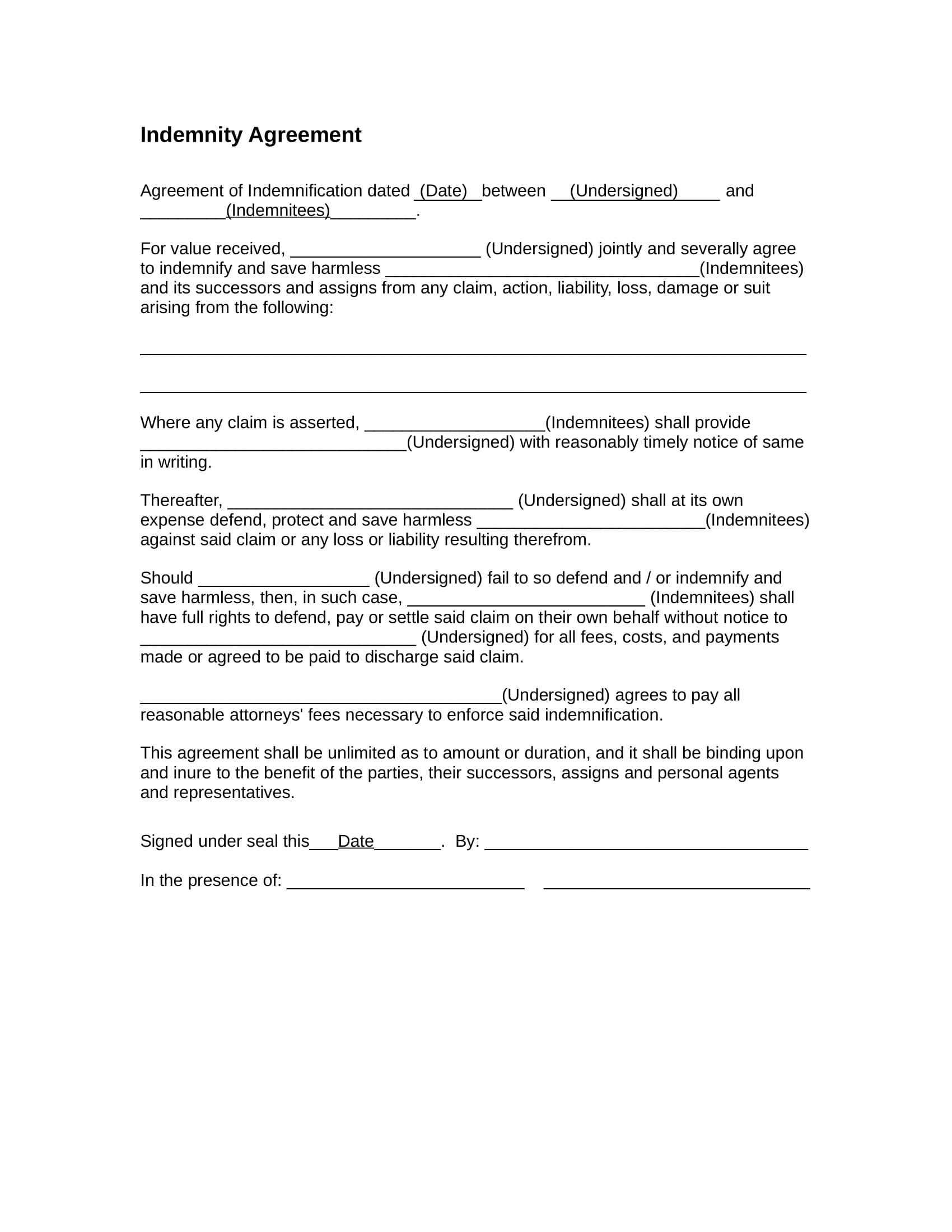 indemnity agreement contract form in doc 1