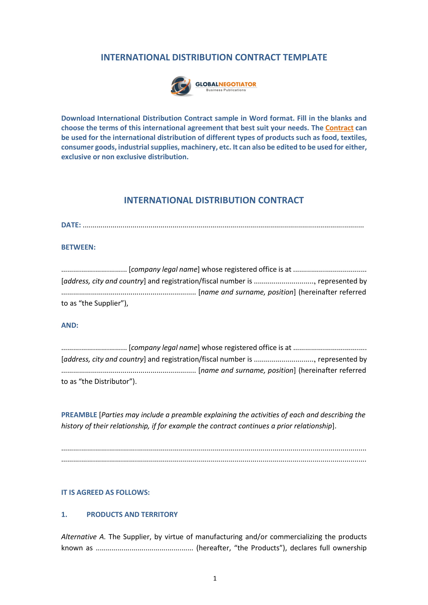 international distribution contract template 1
