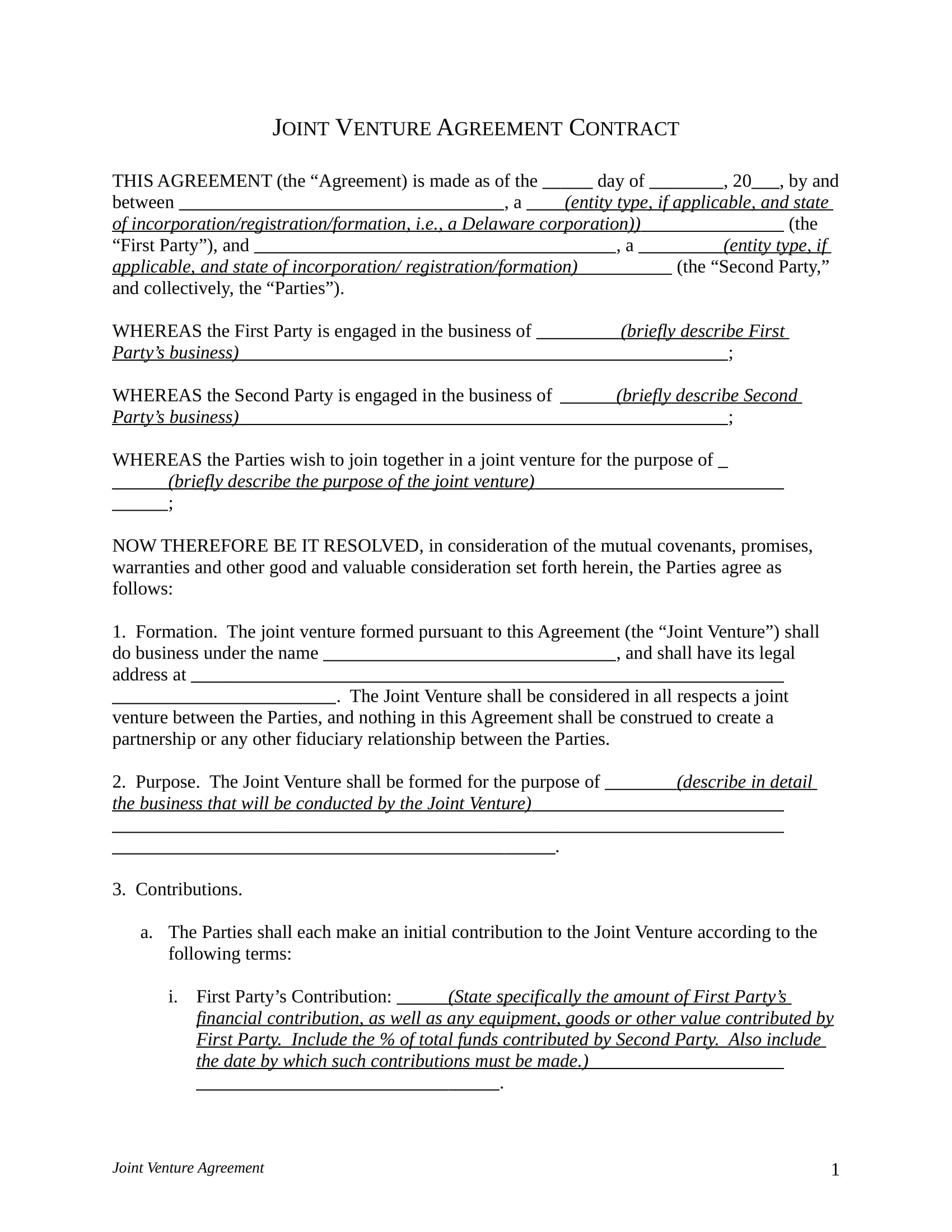 contractual joint venture agreement template