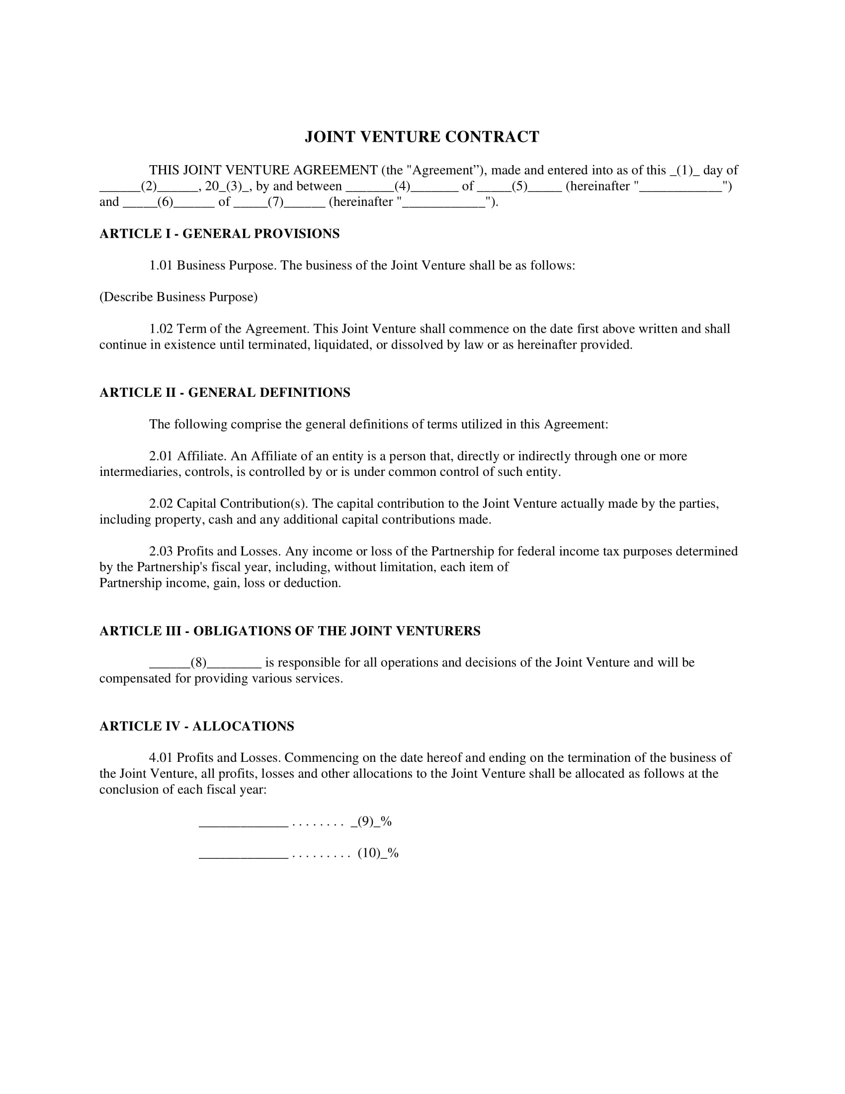 contractual joint venture agreement template