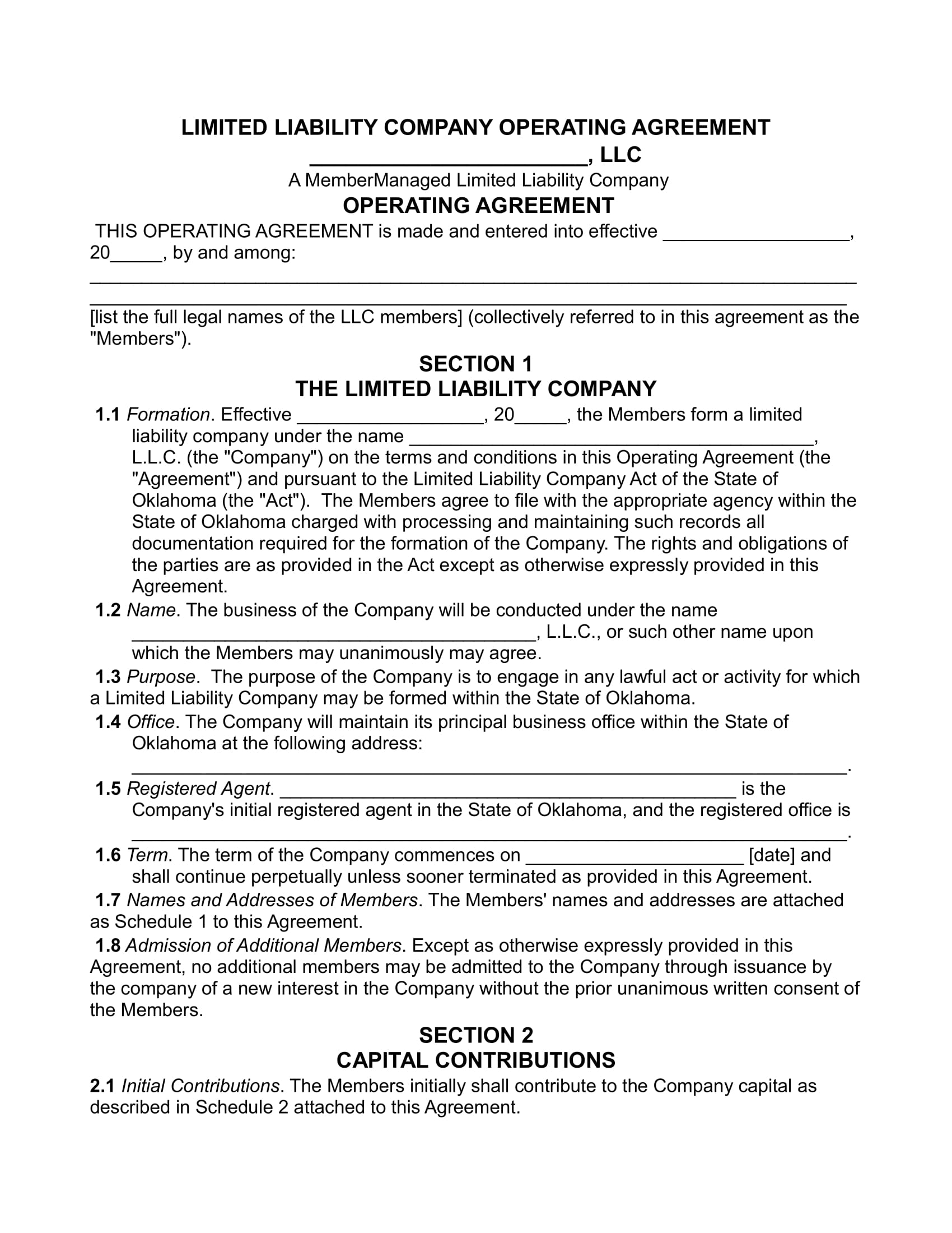 limited liability operating agreement contract form 01