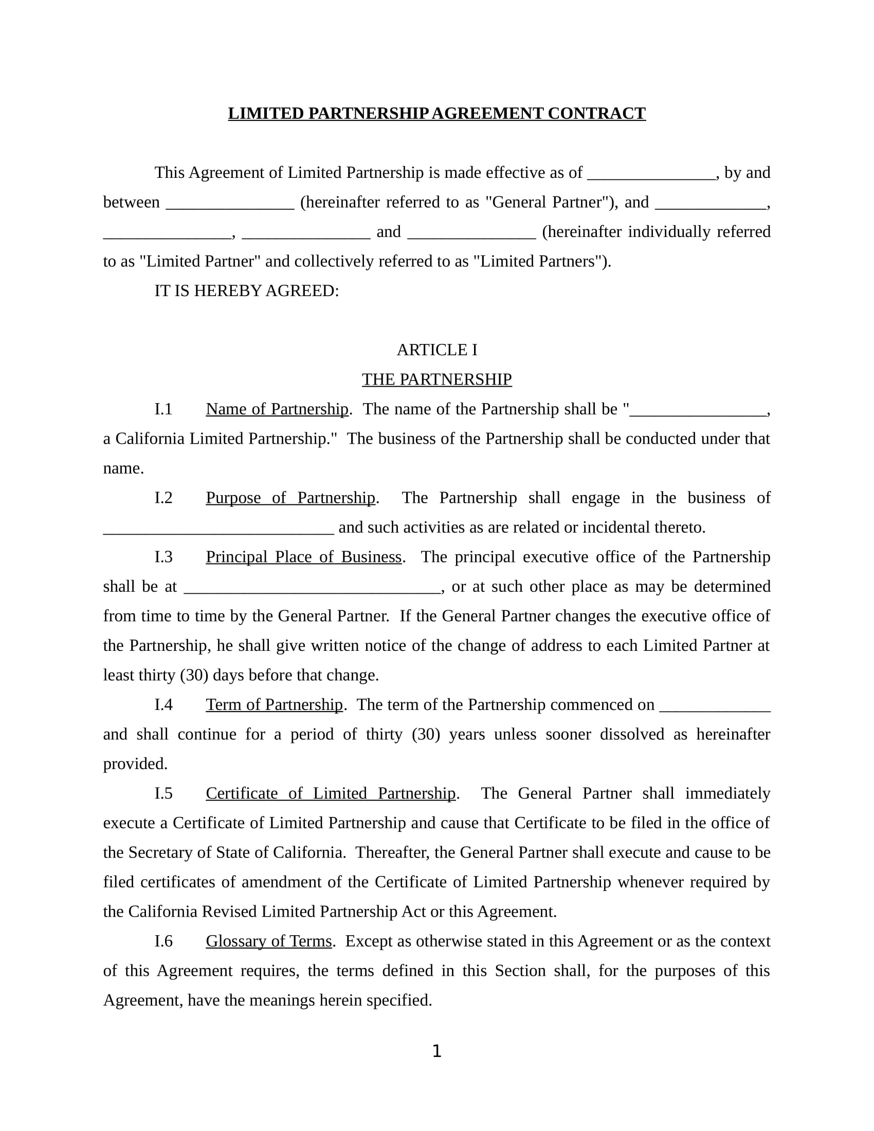 limited partnership agreement contract form in doc 01