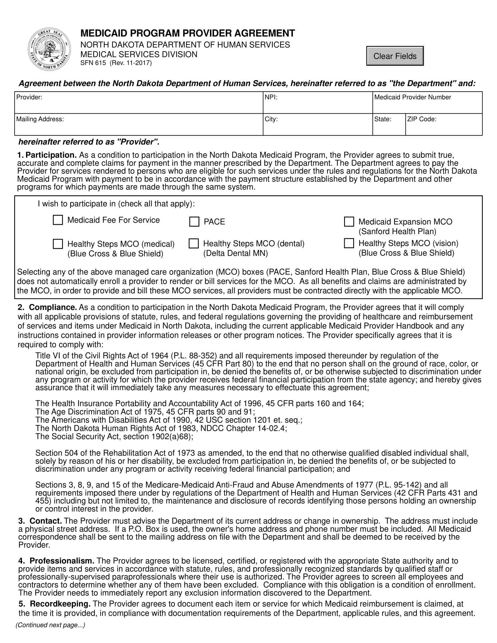 medicaid program provider agreement contract form 1