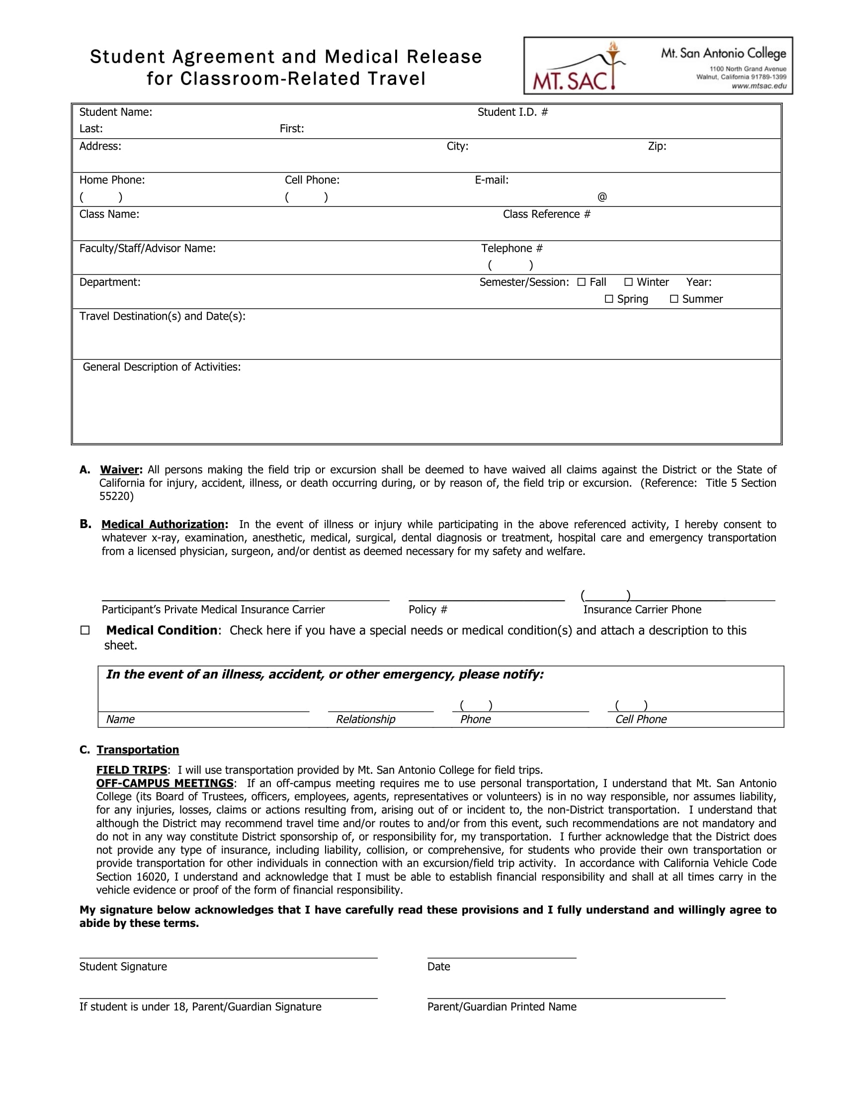 medical release student agreement contract form 1