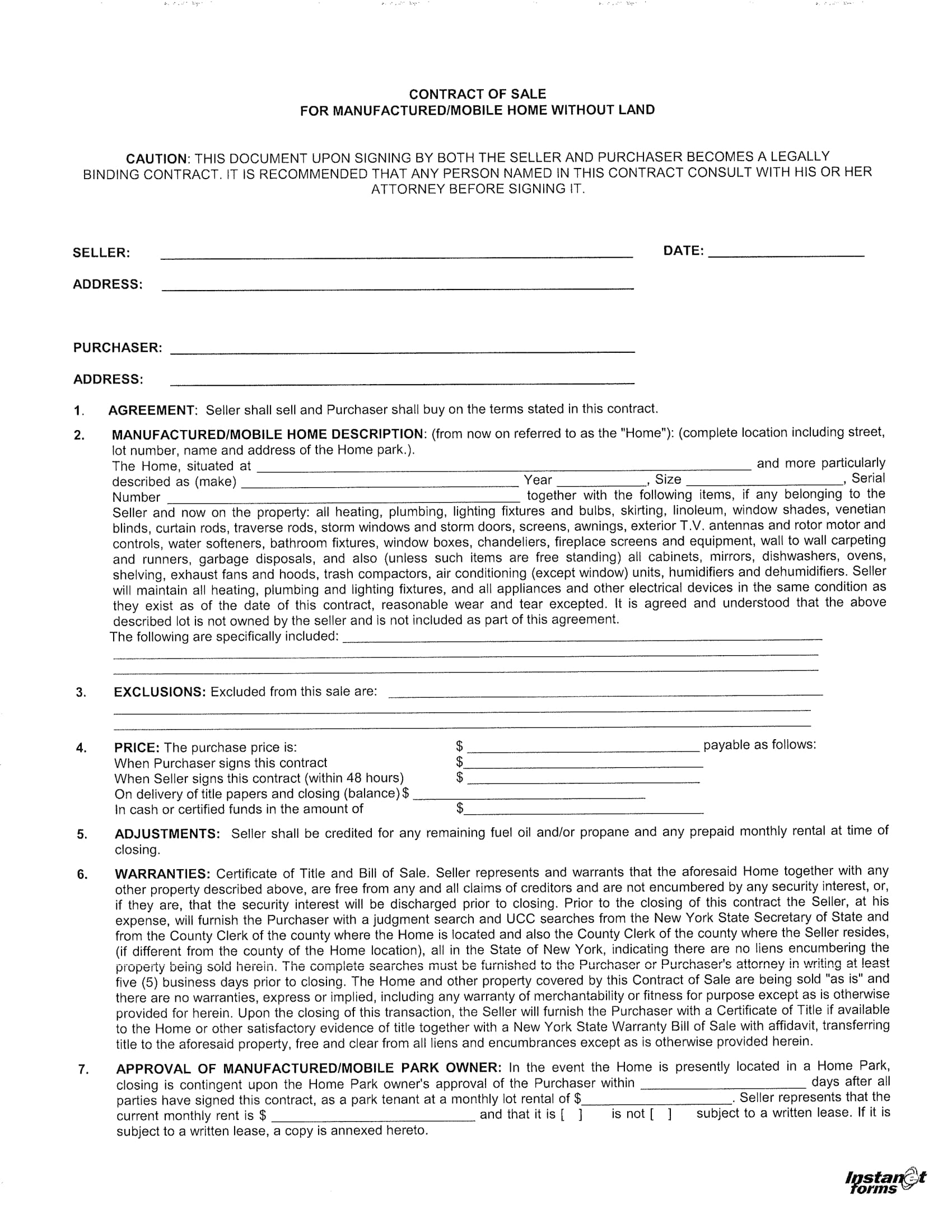 Mobile Home Purchase Agreement Template
