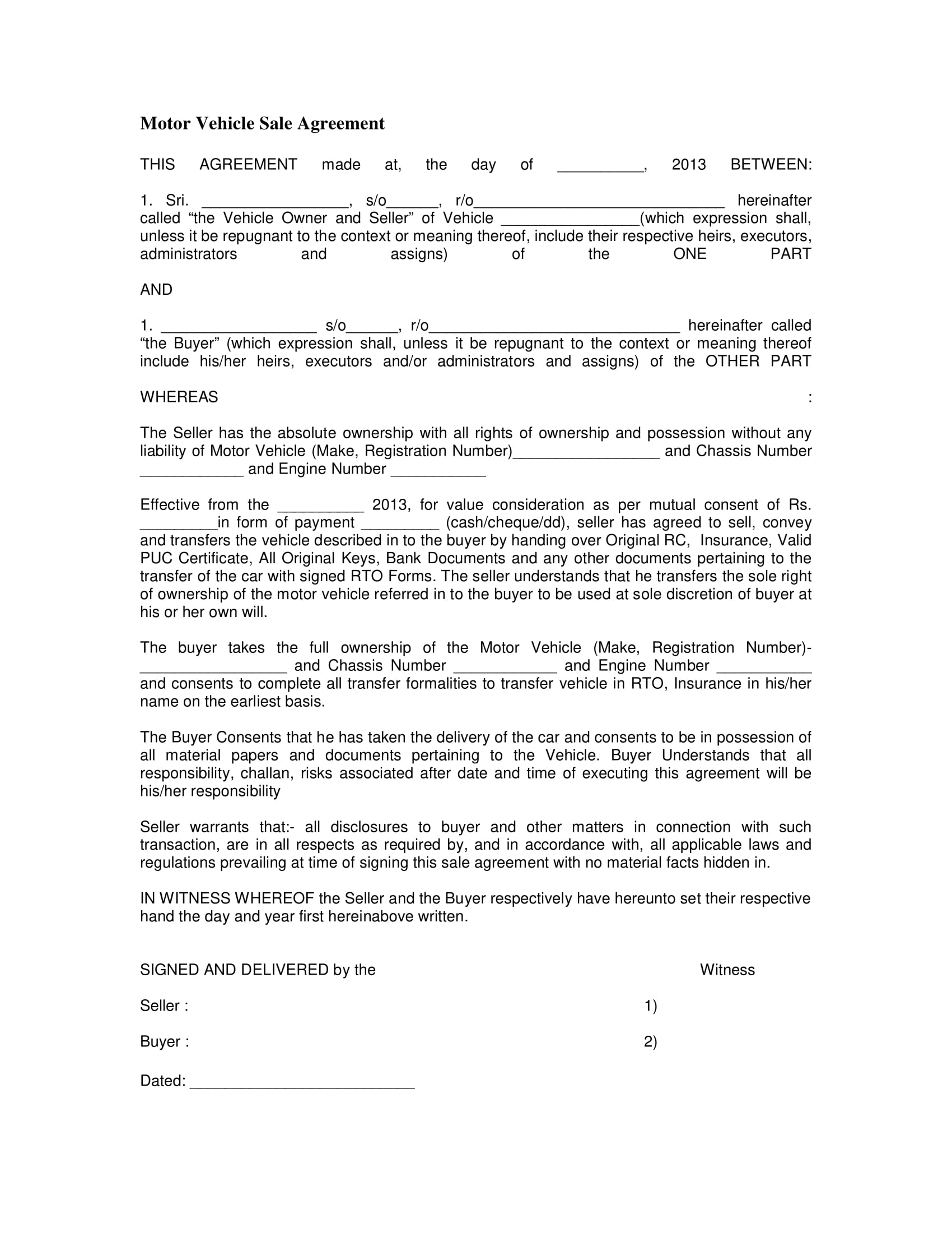 motor vehicle sale agreement contract form 1