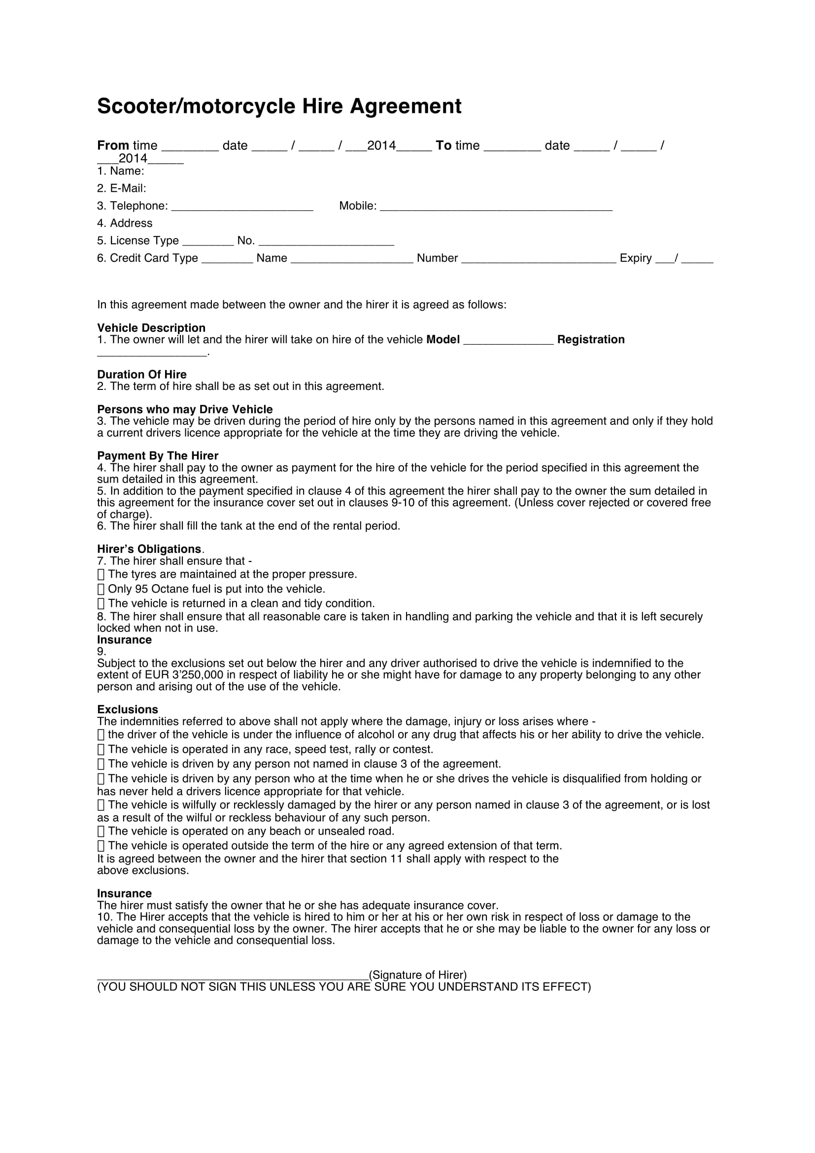 motorcycle hire agreement contract form 1