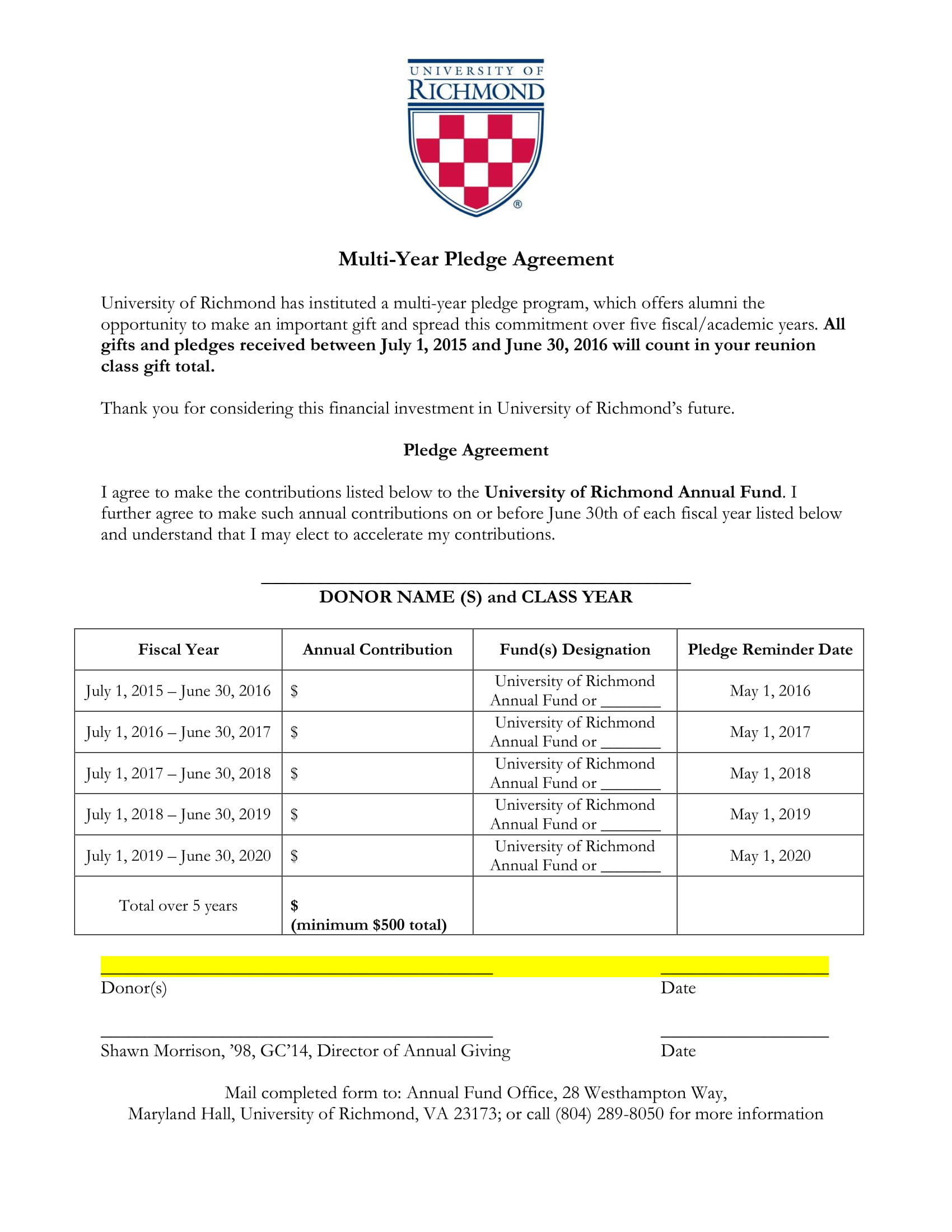 multi year pledge agreement contract form 1