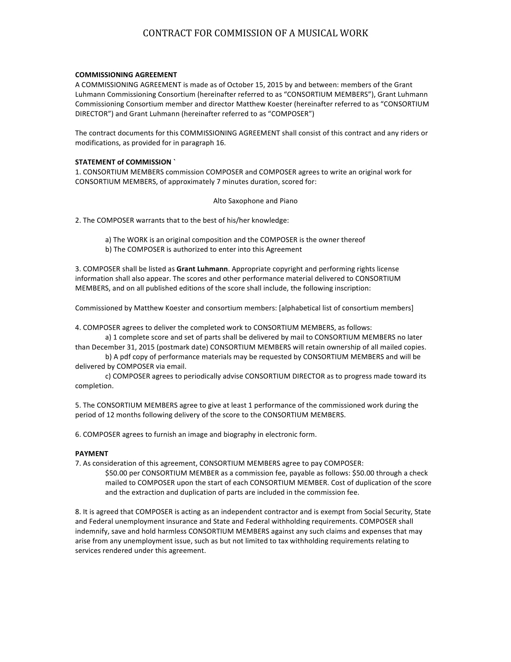 musical work commission contract form 1