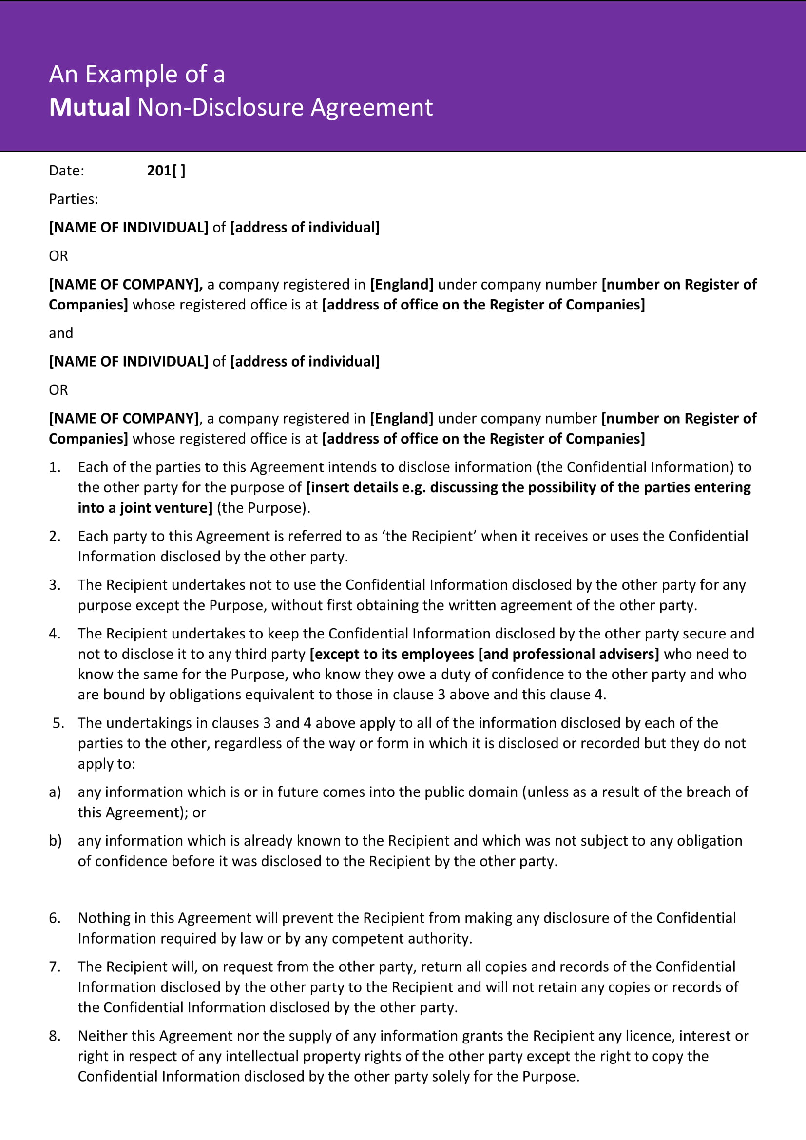 mutual non disclosure agreement contract form 1