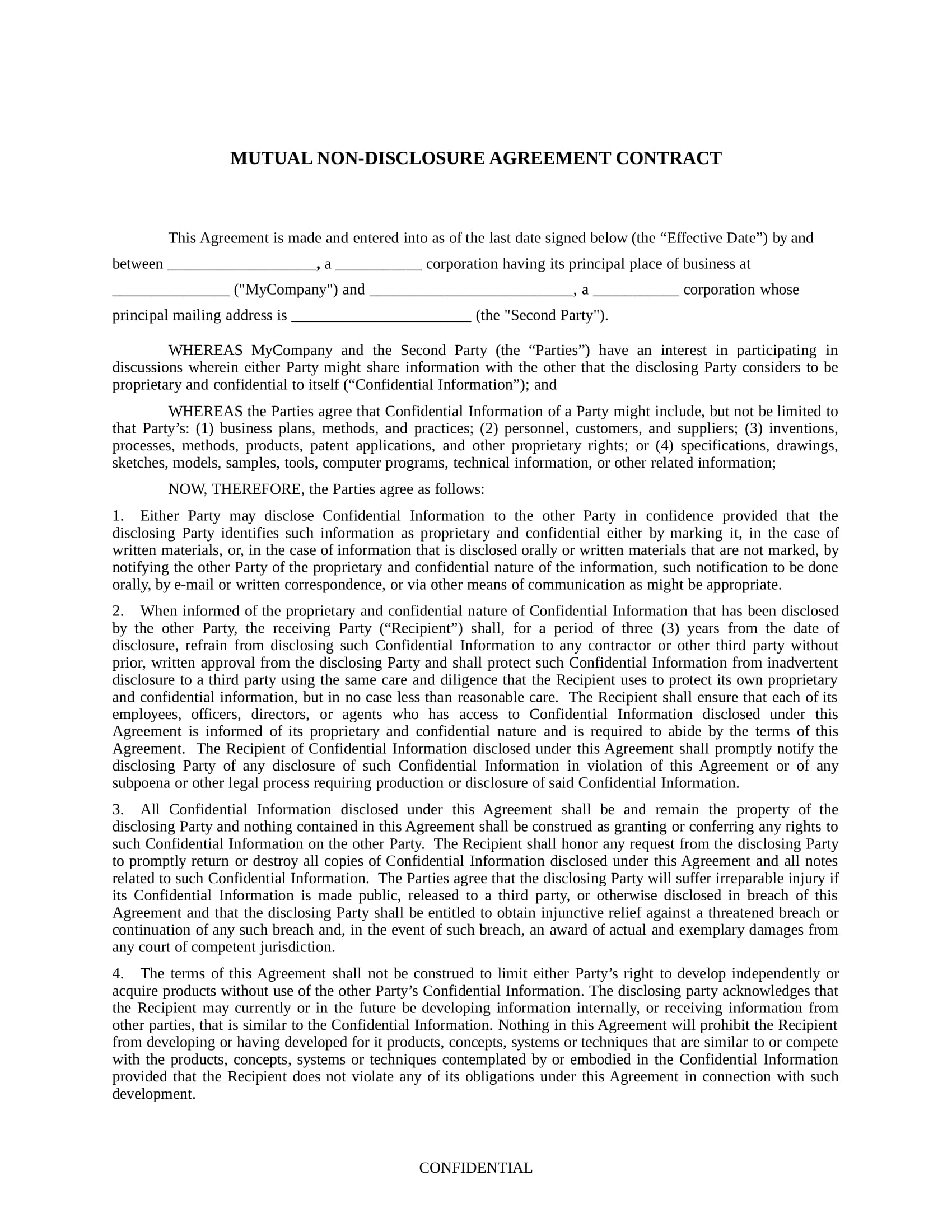 mutual non disclosure agreement contract form in doc 1
