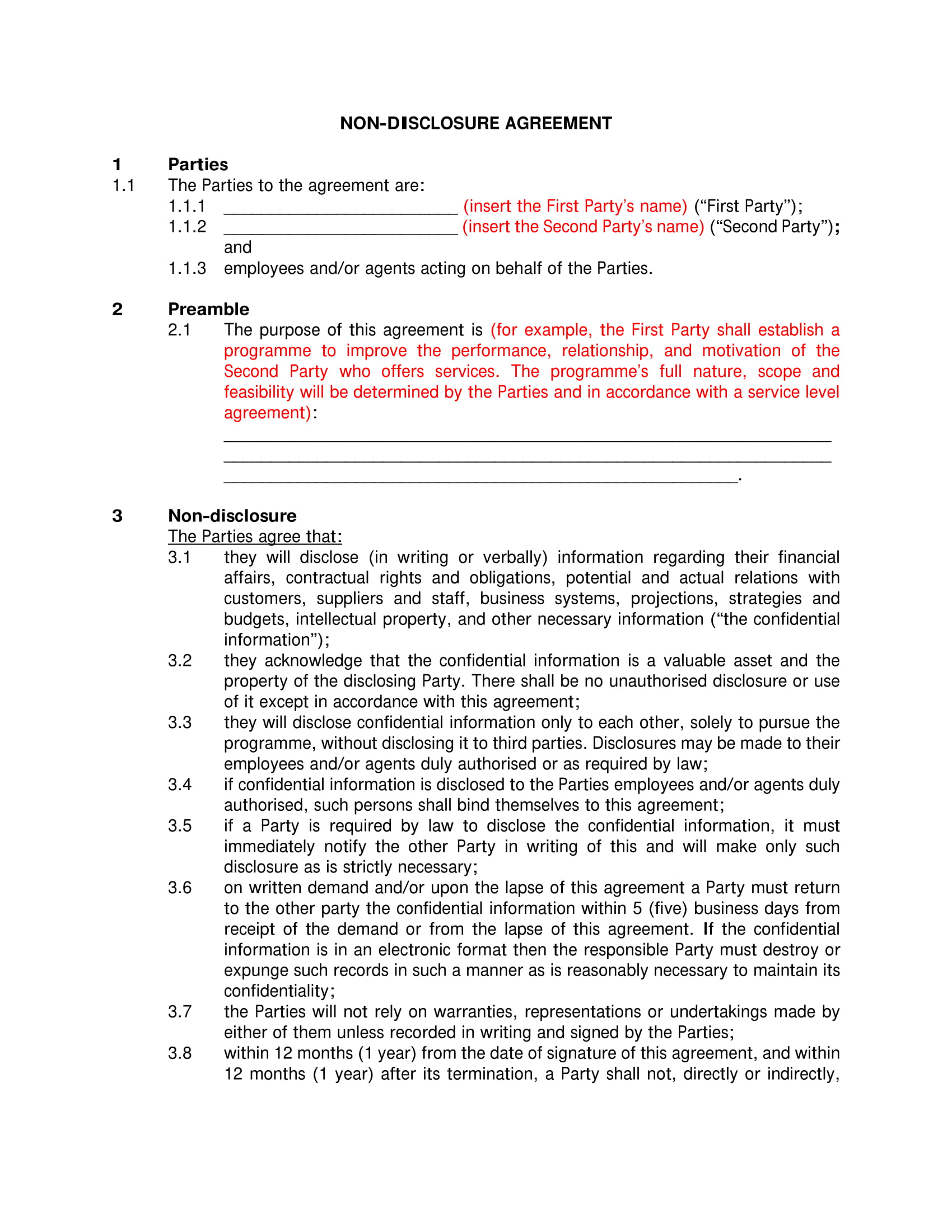 non disclosure agreement contract form sample 1