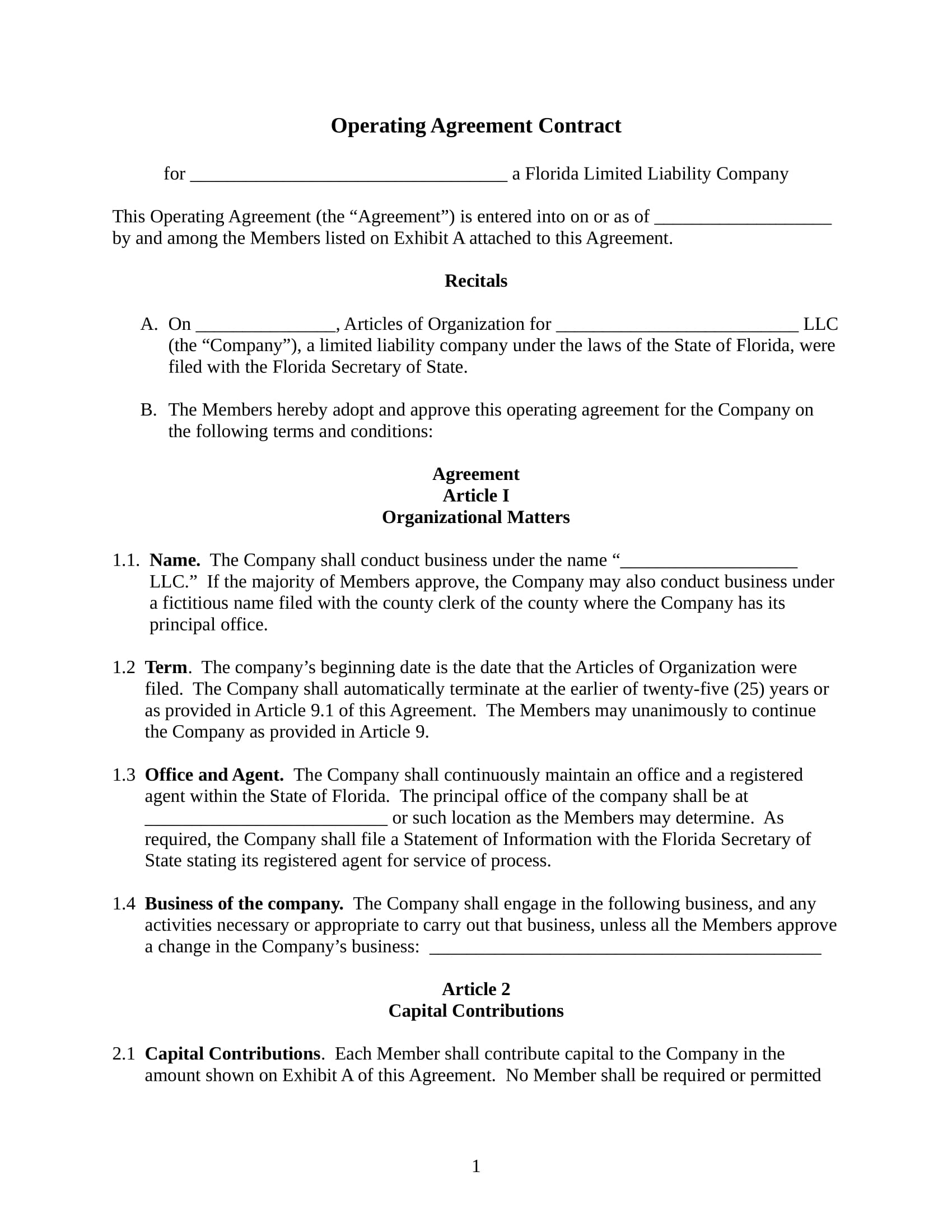 operating agreement contract form in doc 01