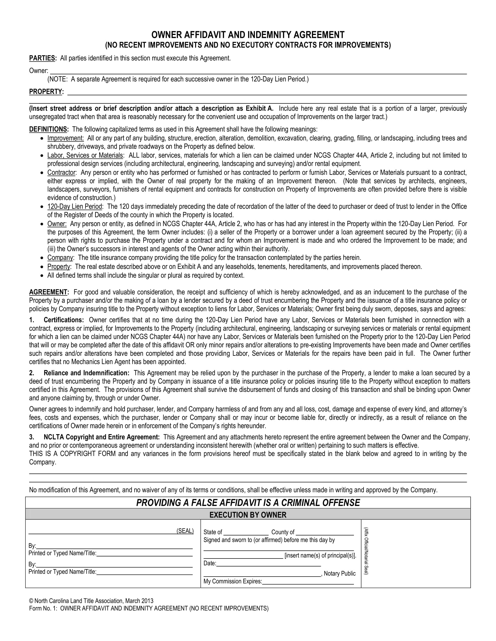 owner affidavit indemnity agreement contract form 1