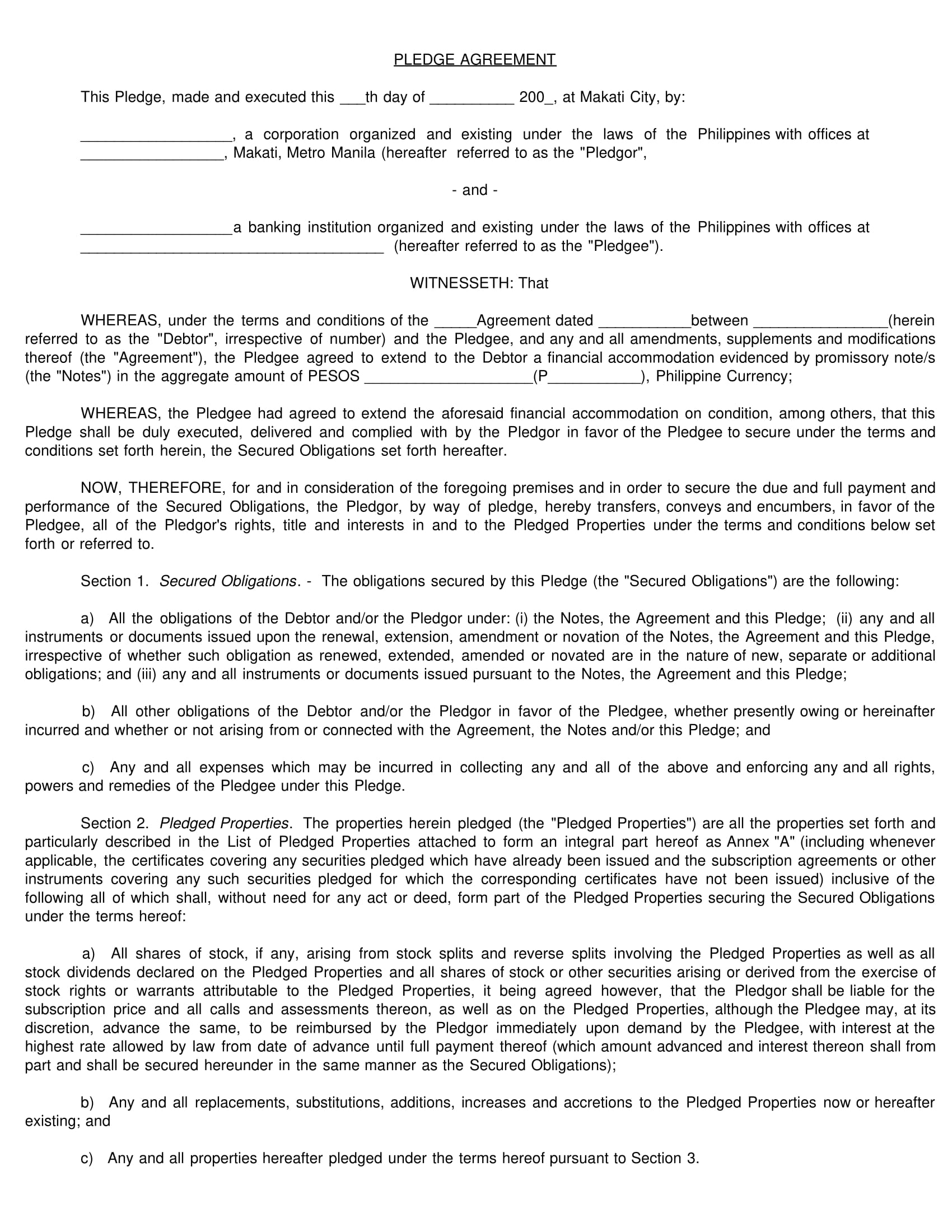 pledge agreement contract form sample 1