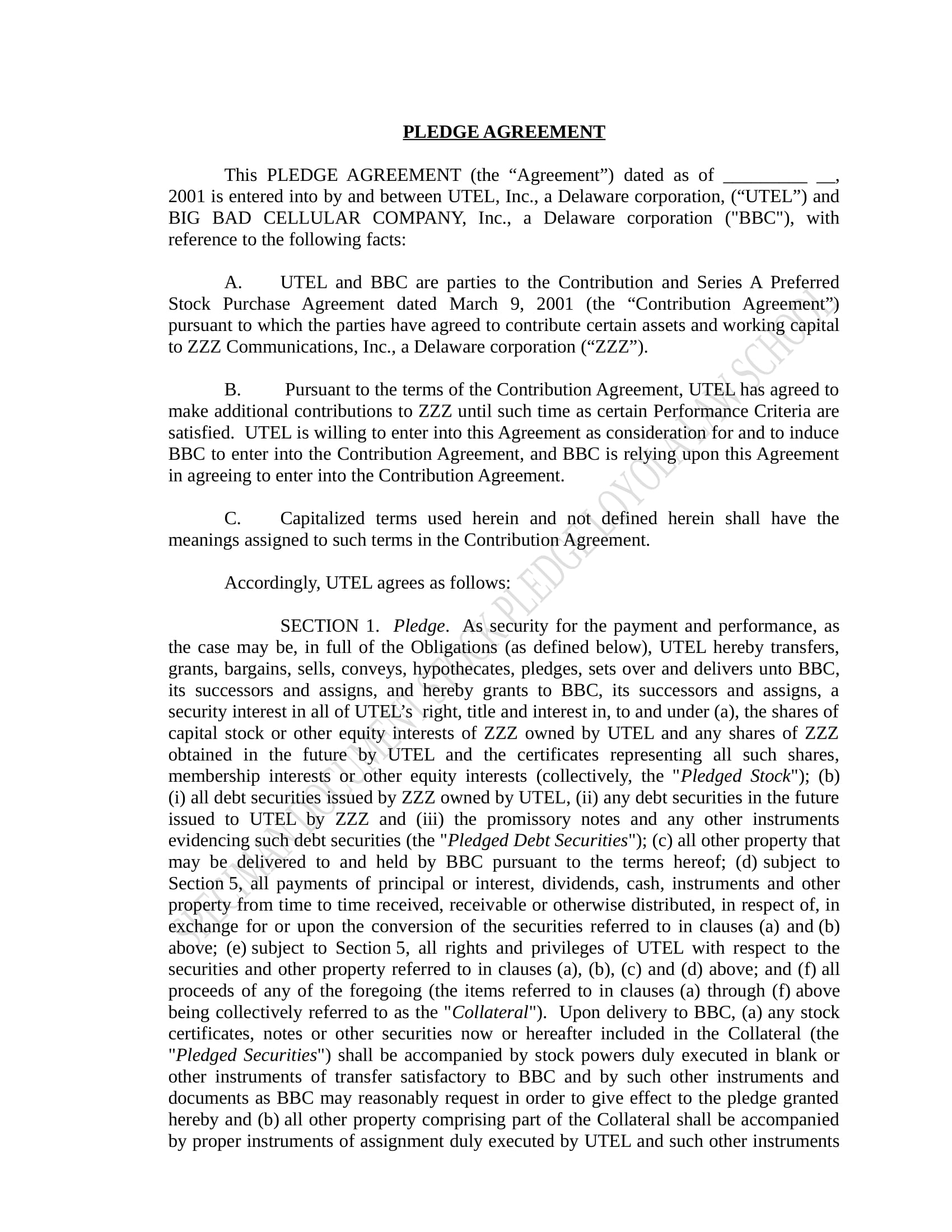 pledge agreement contract form in doc 01