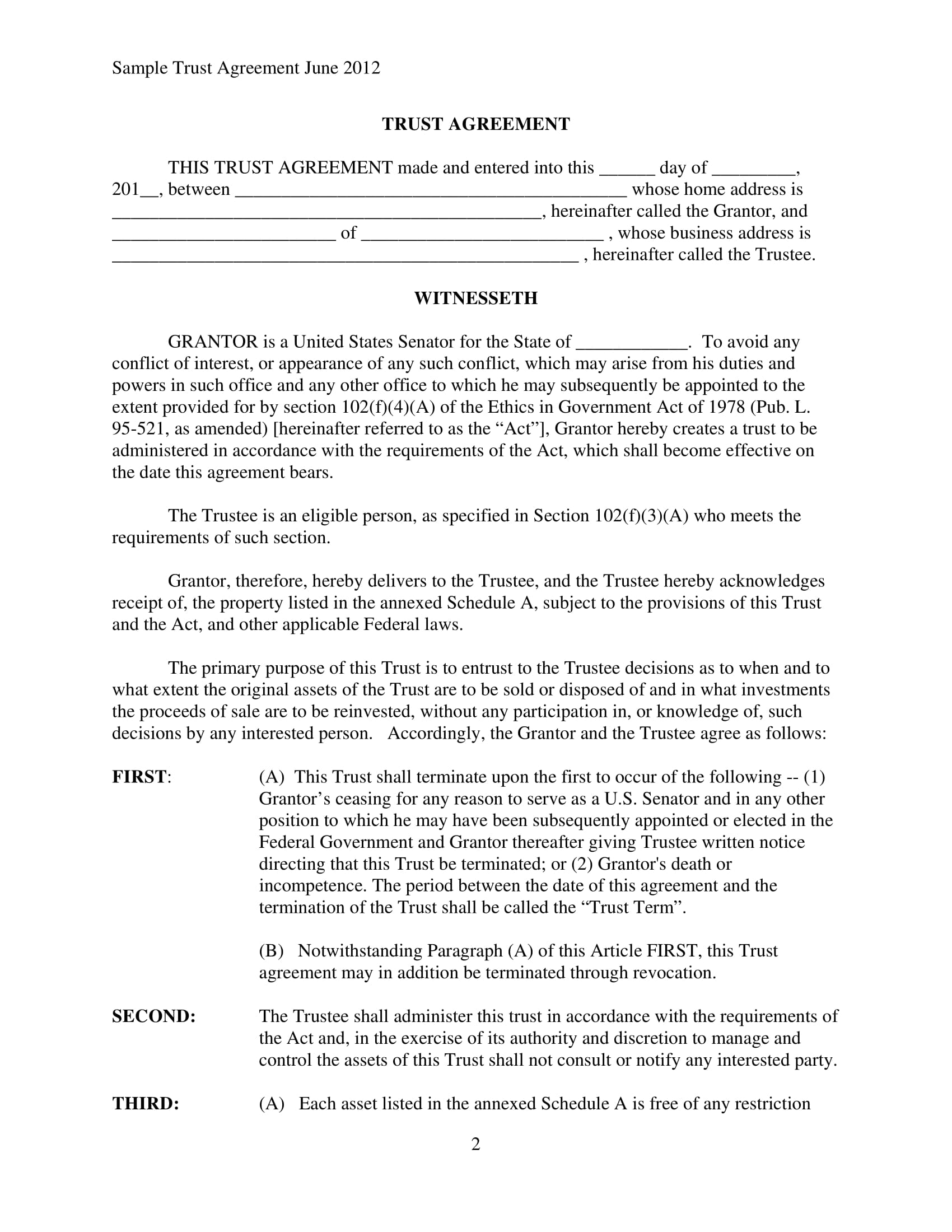 qualified blind trust agreement contract sample 02