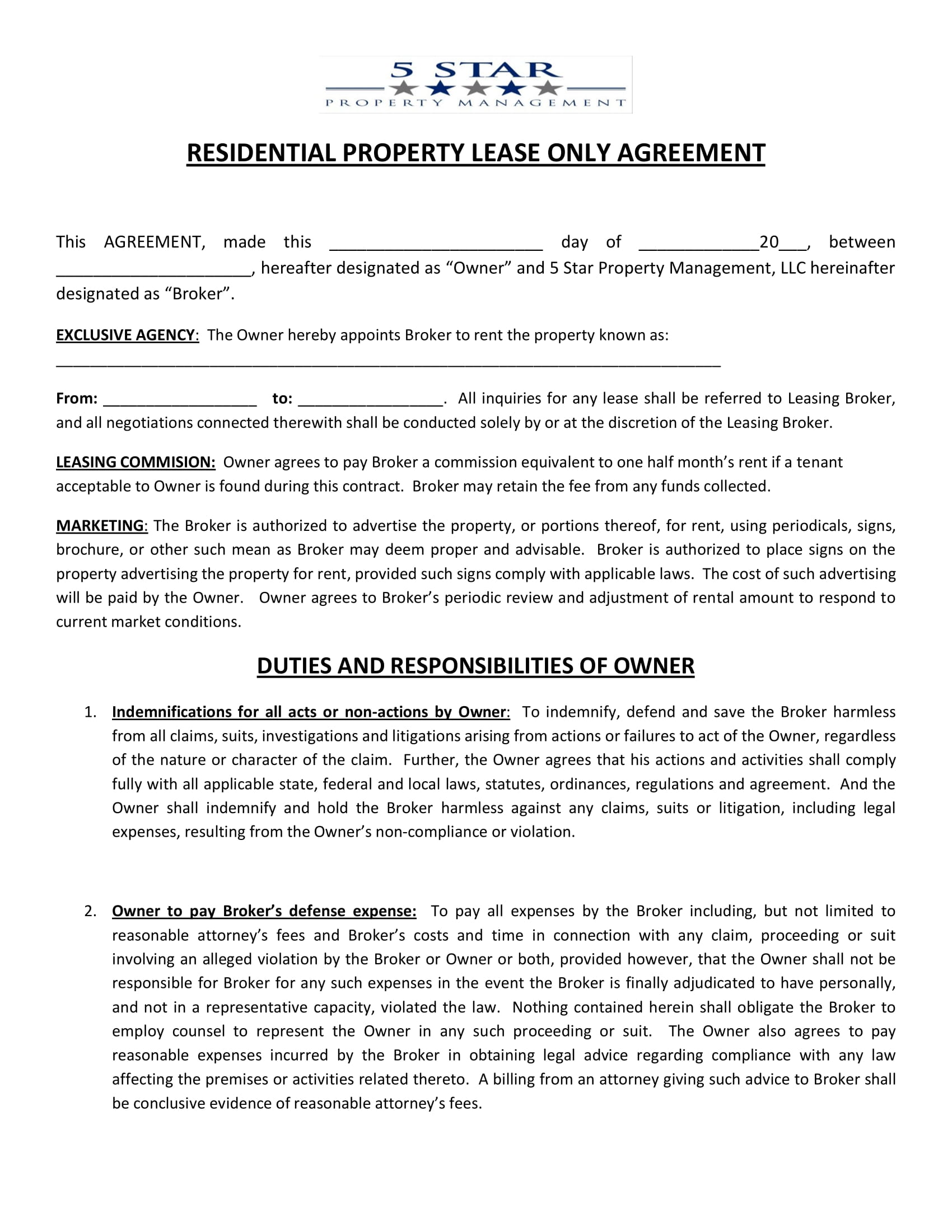 residential property lease only agreement contract form 1