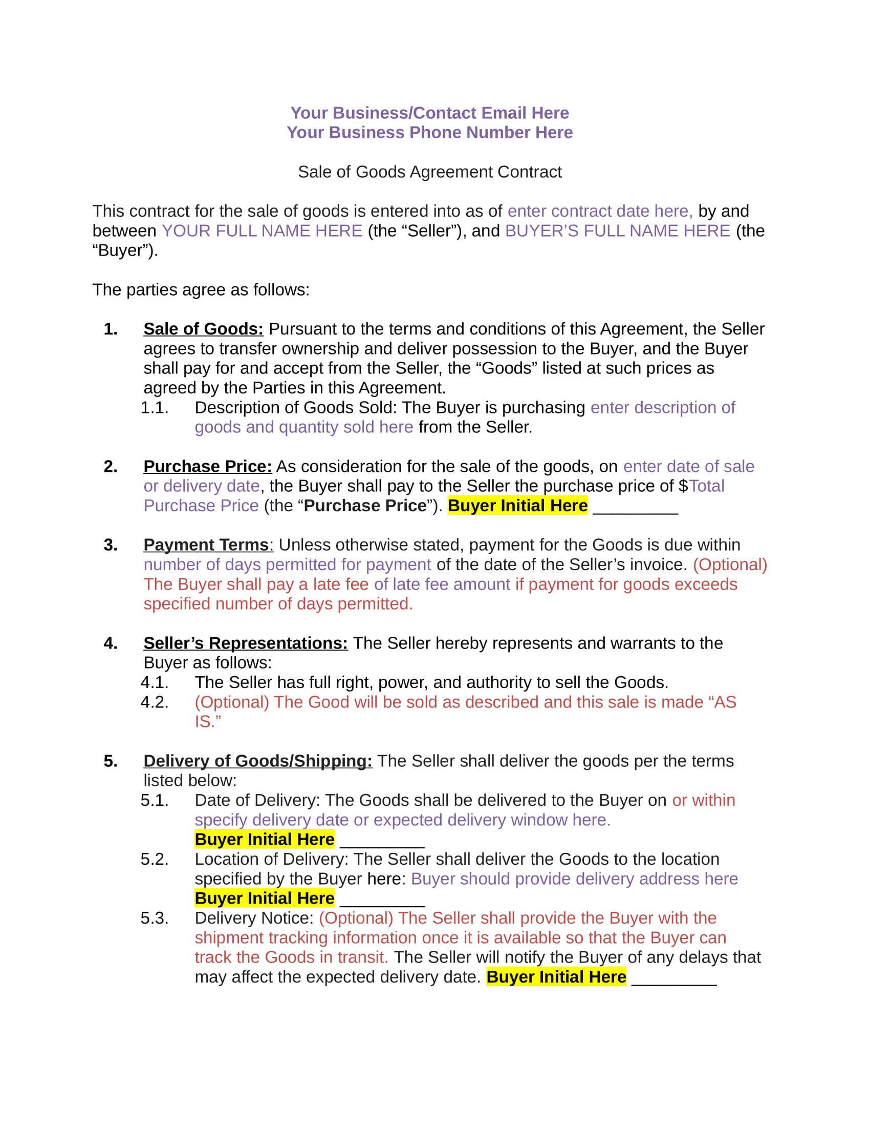 Sale Of Goods Agreement Template