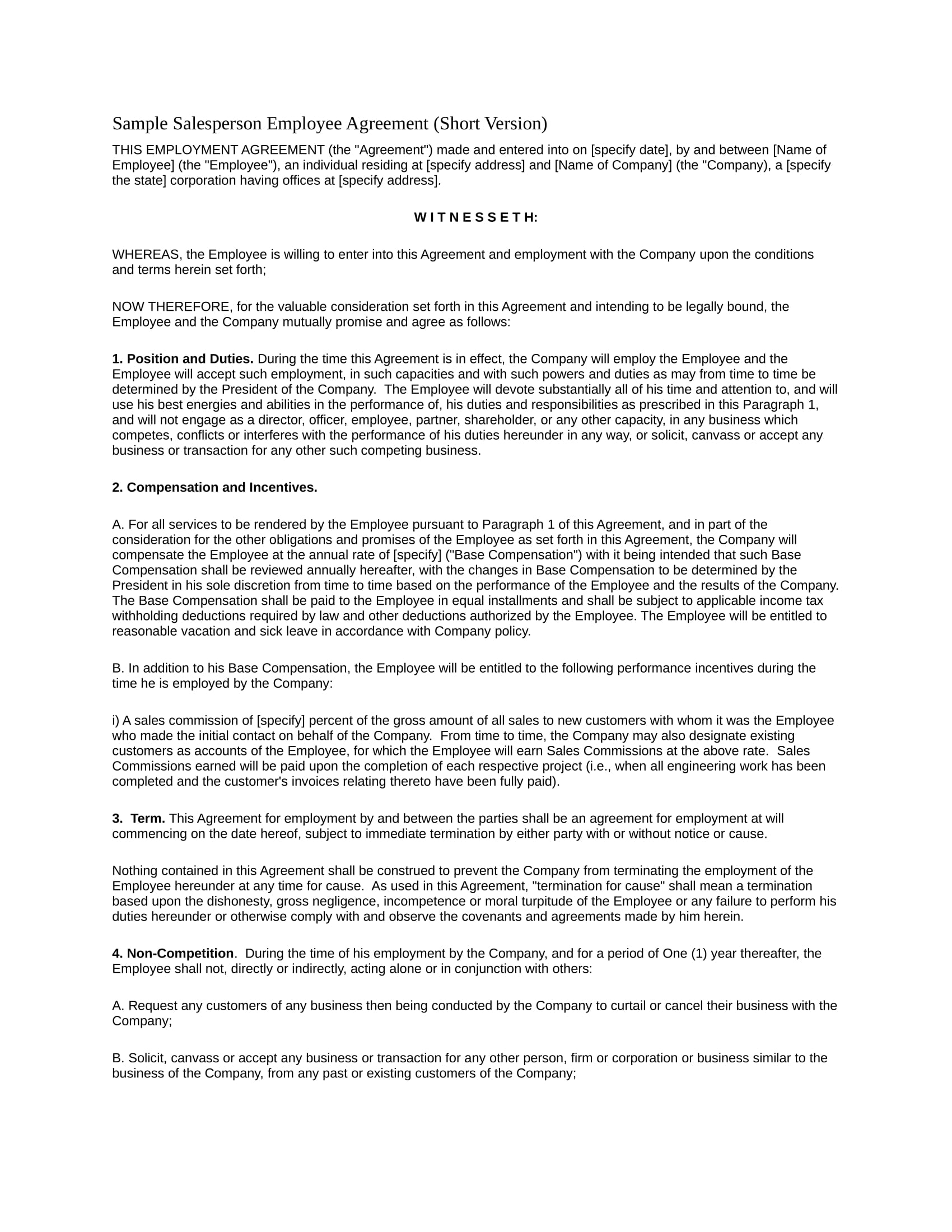 salesperson employee agreement contract form in doc 1