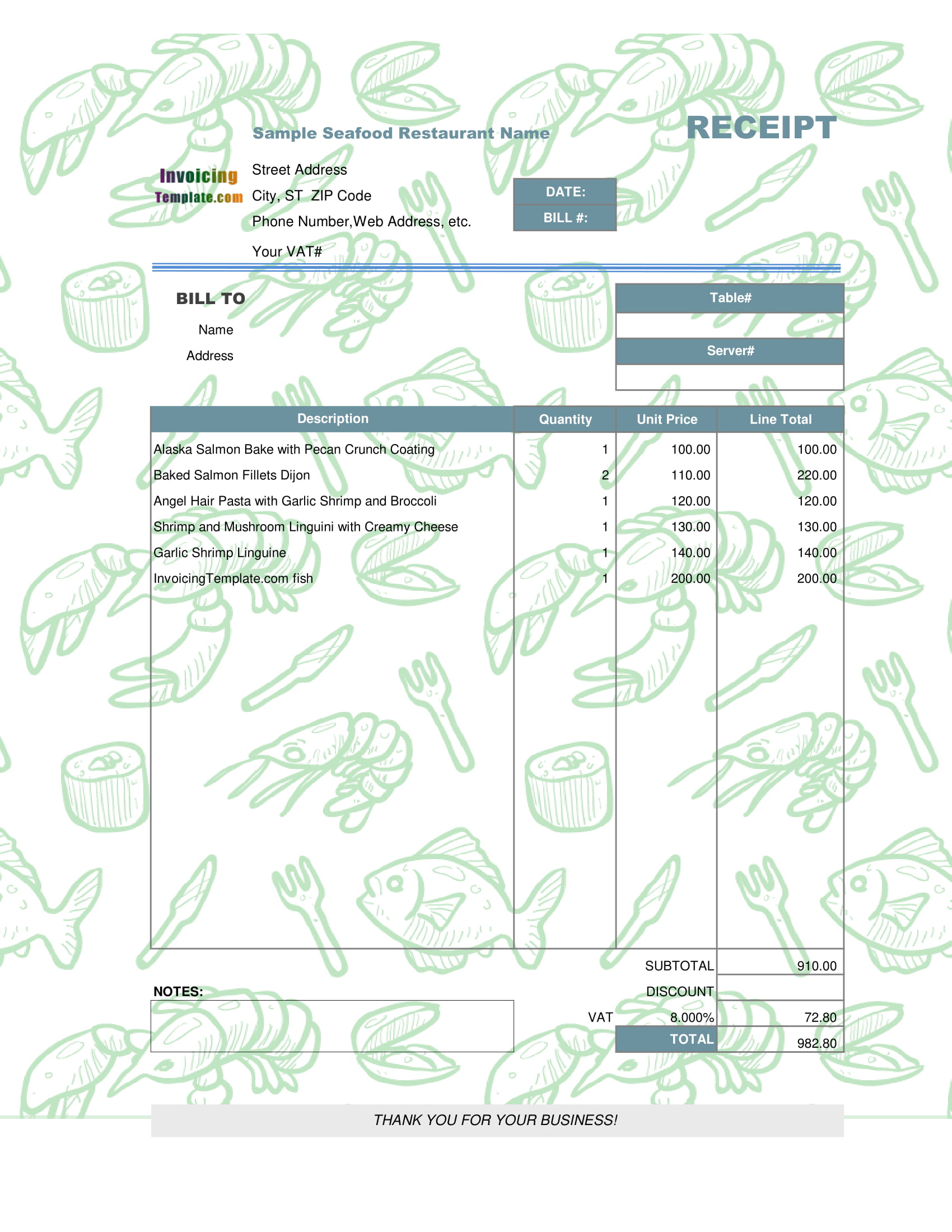 seafood restaurant receipt form sample 2