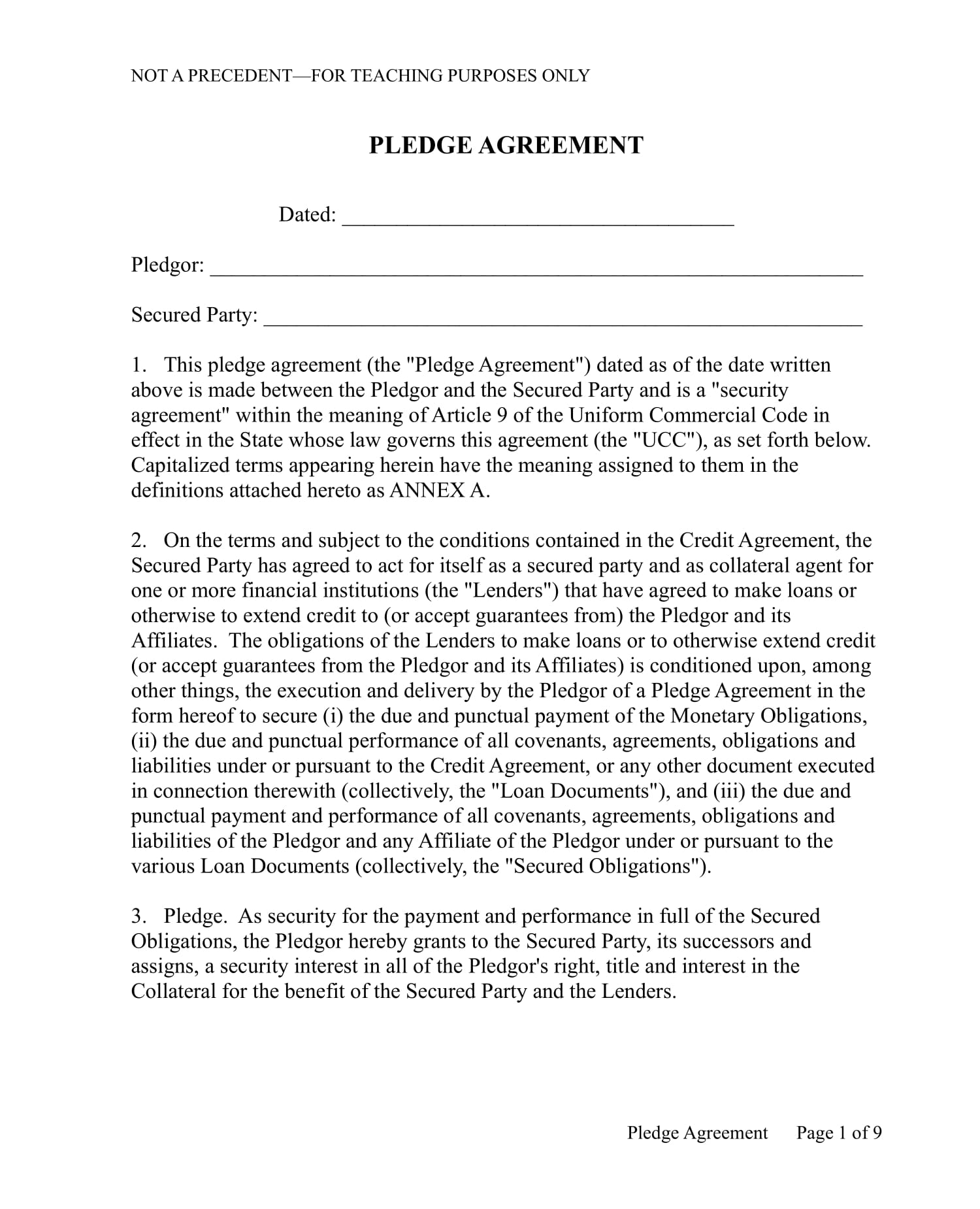 security pledge agreement contract form 1